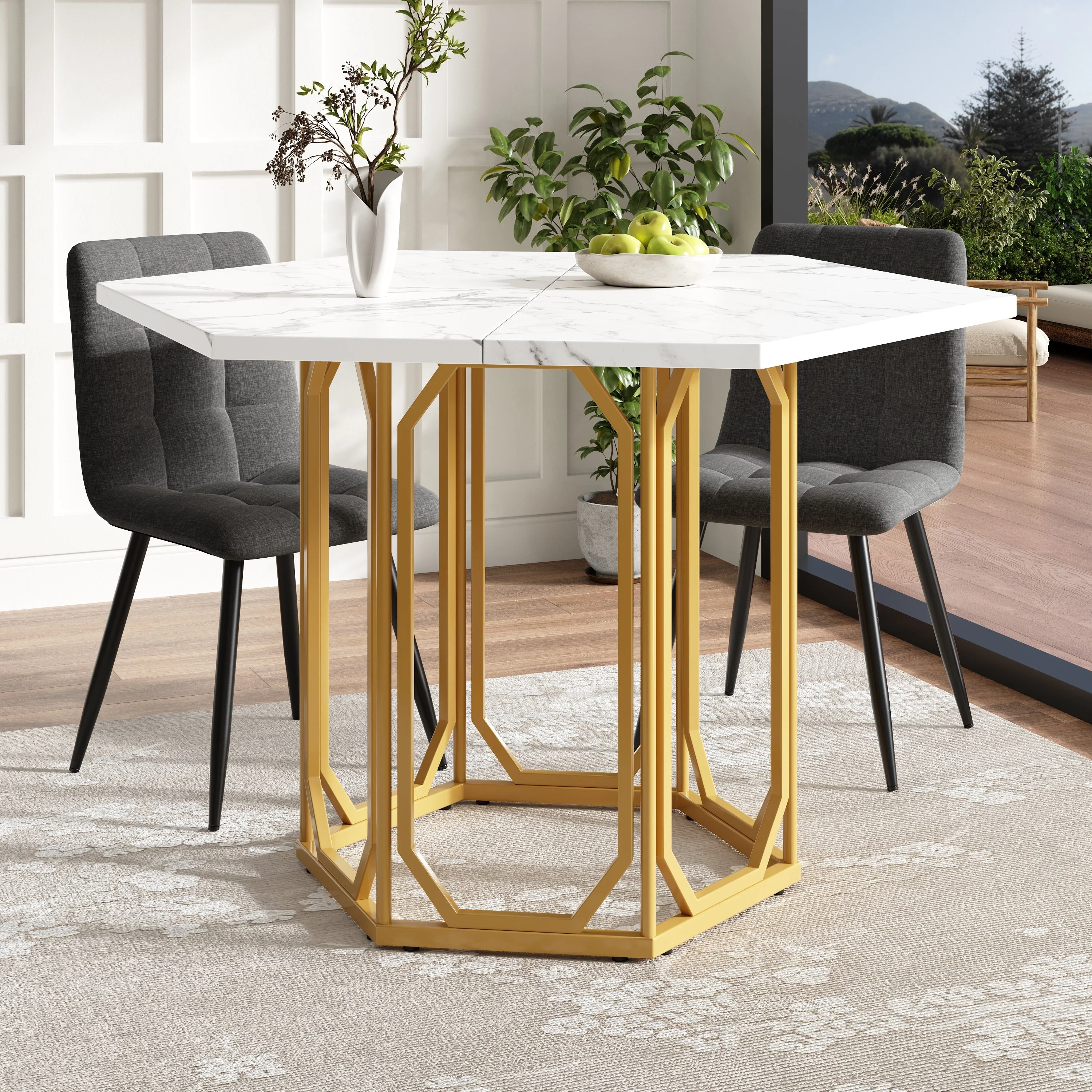 Dining Set 5-Piece Hexagonal Marble Top - Grey - Image 3