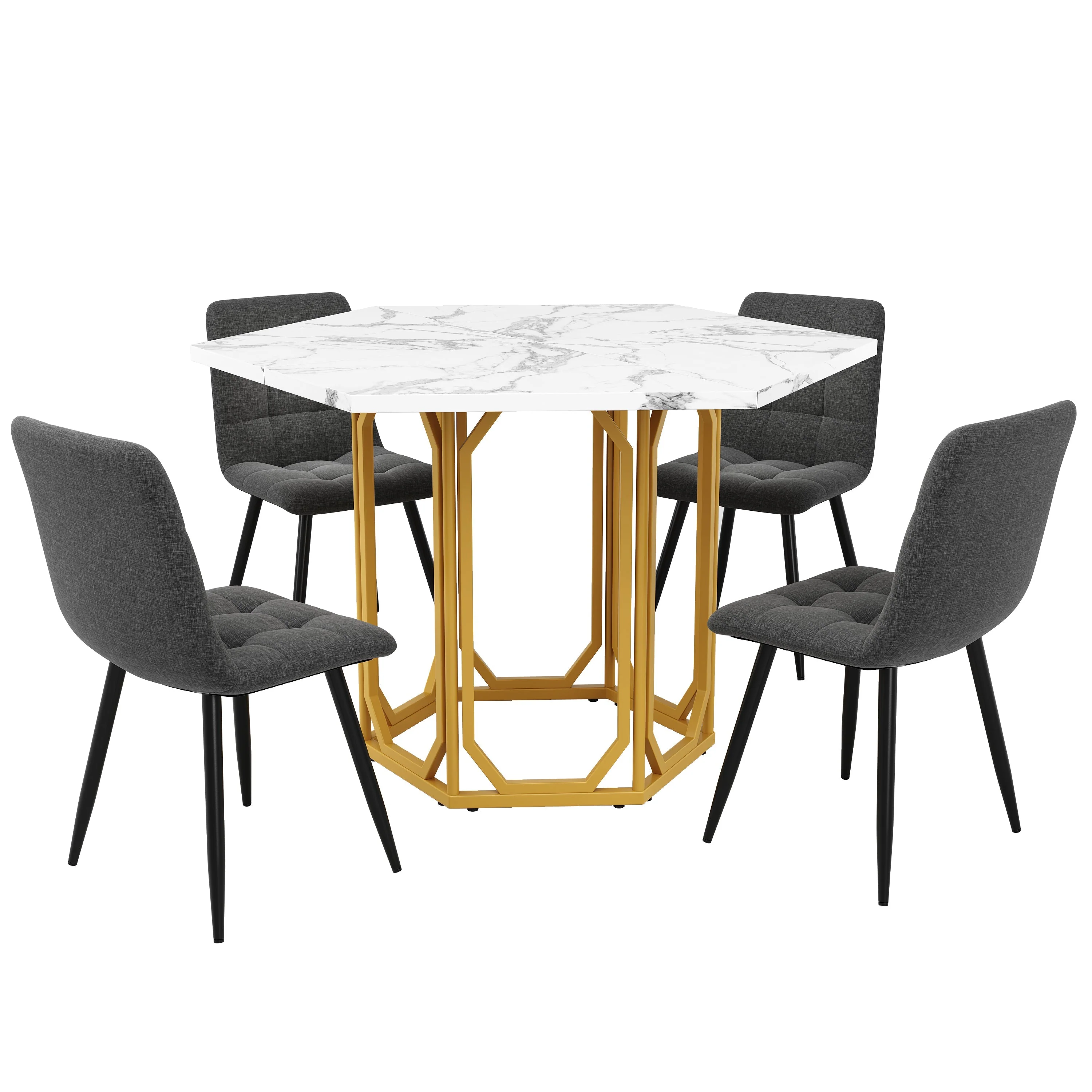 Dining Set 5-Piece Hexagonal Marble Top - Grey - Image 4
