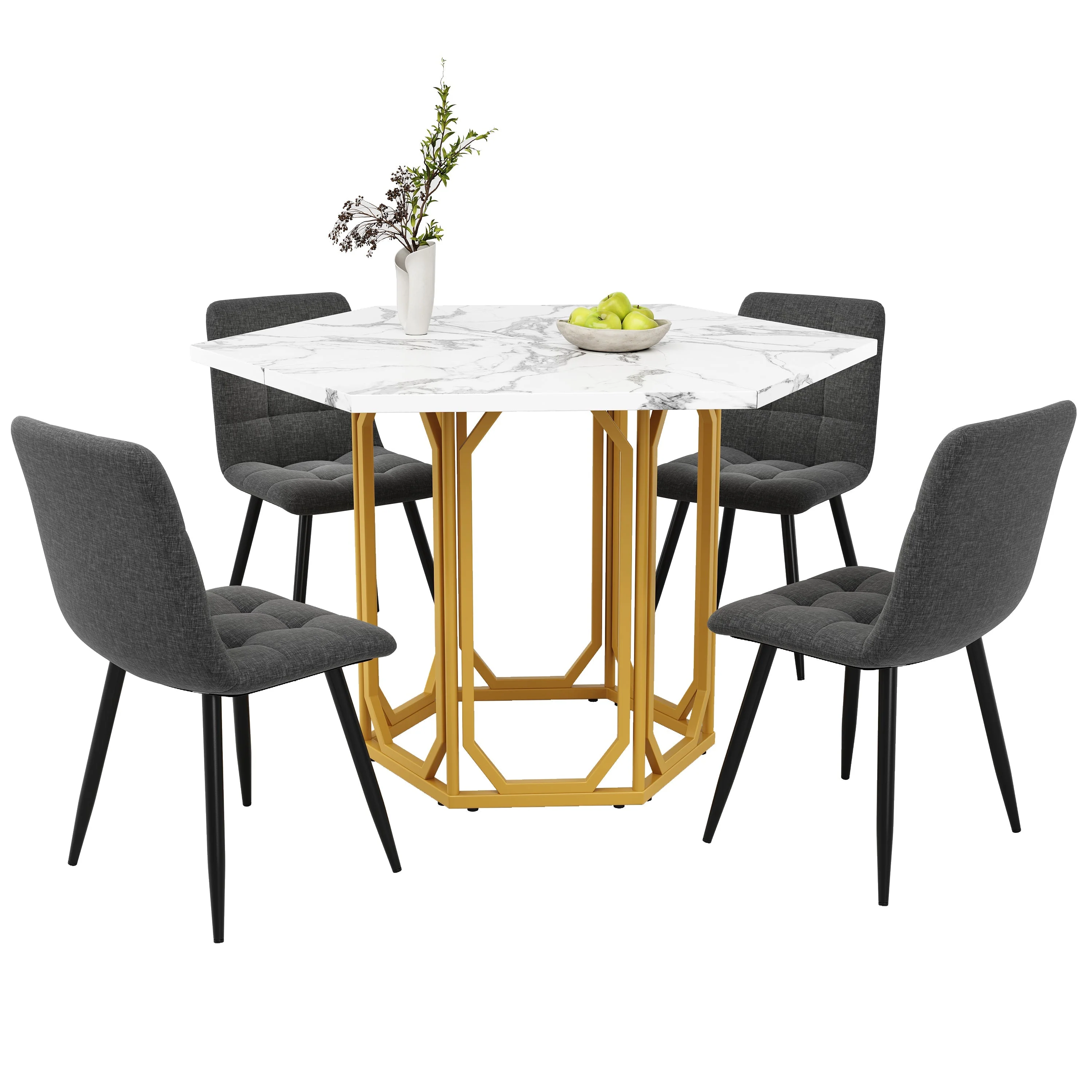 Dining Set 5-Piece Hexagonal Marble Top - Grey - Image 5