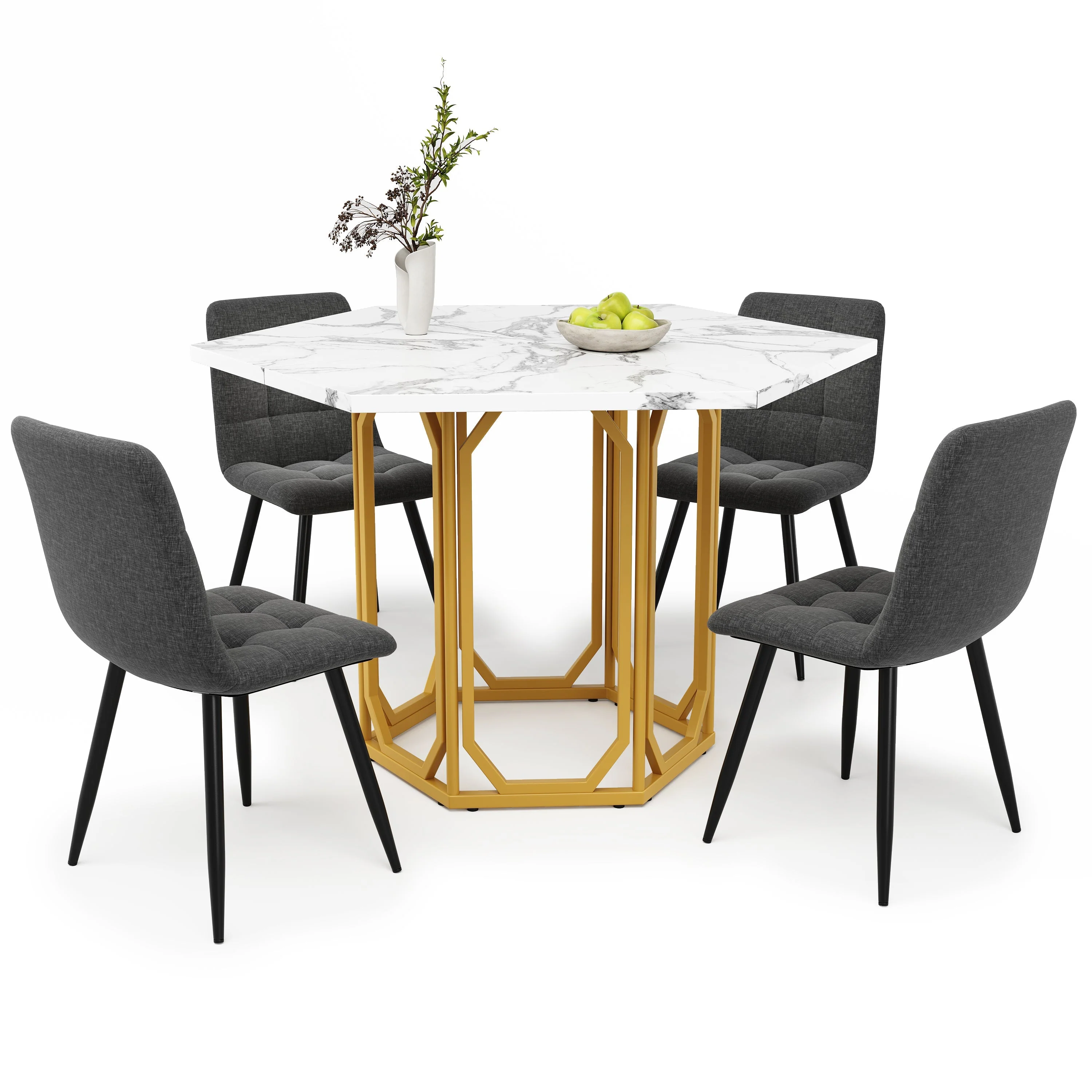 Dining Set 5-Piece Hexagonal Marble Top - Grey - Image 6