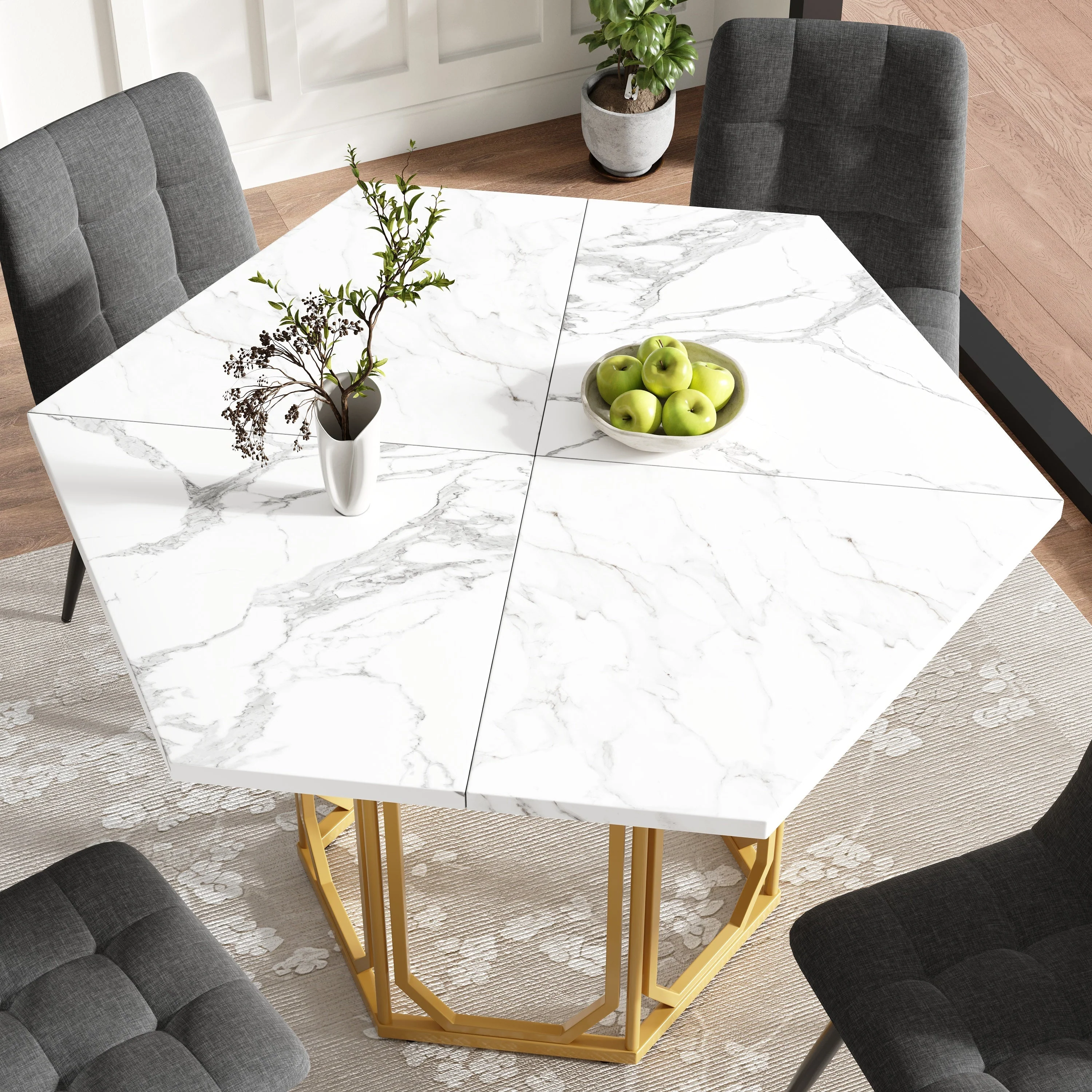 Dining Set 5-Piece Hexagonal Marble Top - Grey - Image 7
