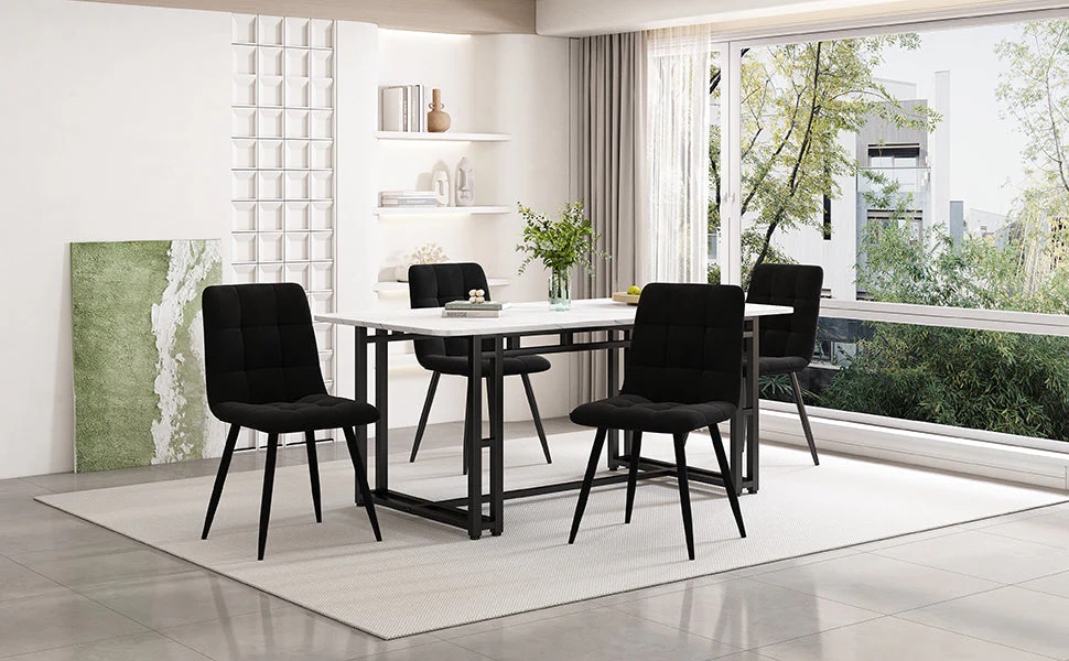 Dining Set (5-Piece) Modern Kitchen Table 140x80cm with Black Velvet Chairs, Black Iron - Image 2