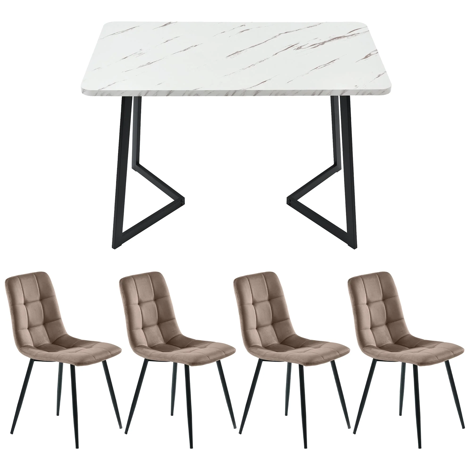 Dining Set 5-Piece Rectangular 117x68cm Table 4 Chairs Brown Velvet Black Legs - Image 5