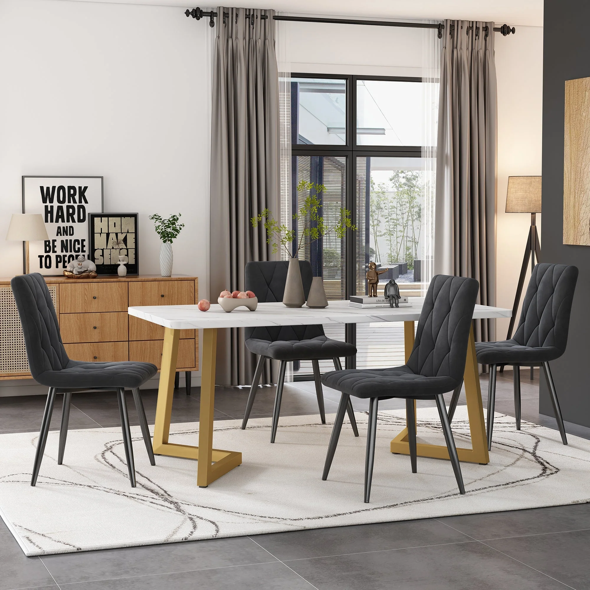 Dining Set 5-Piece Rectangular 117x68cm Table & 4 Chairs Dark Grey Velvet Gold
