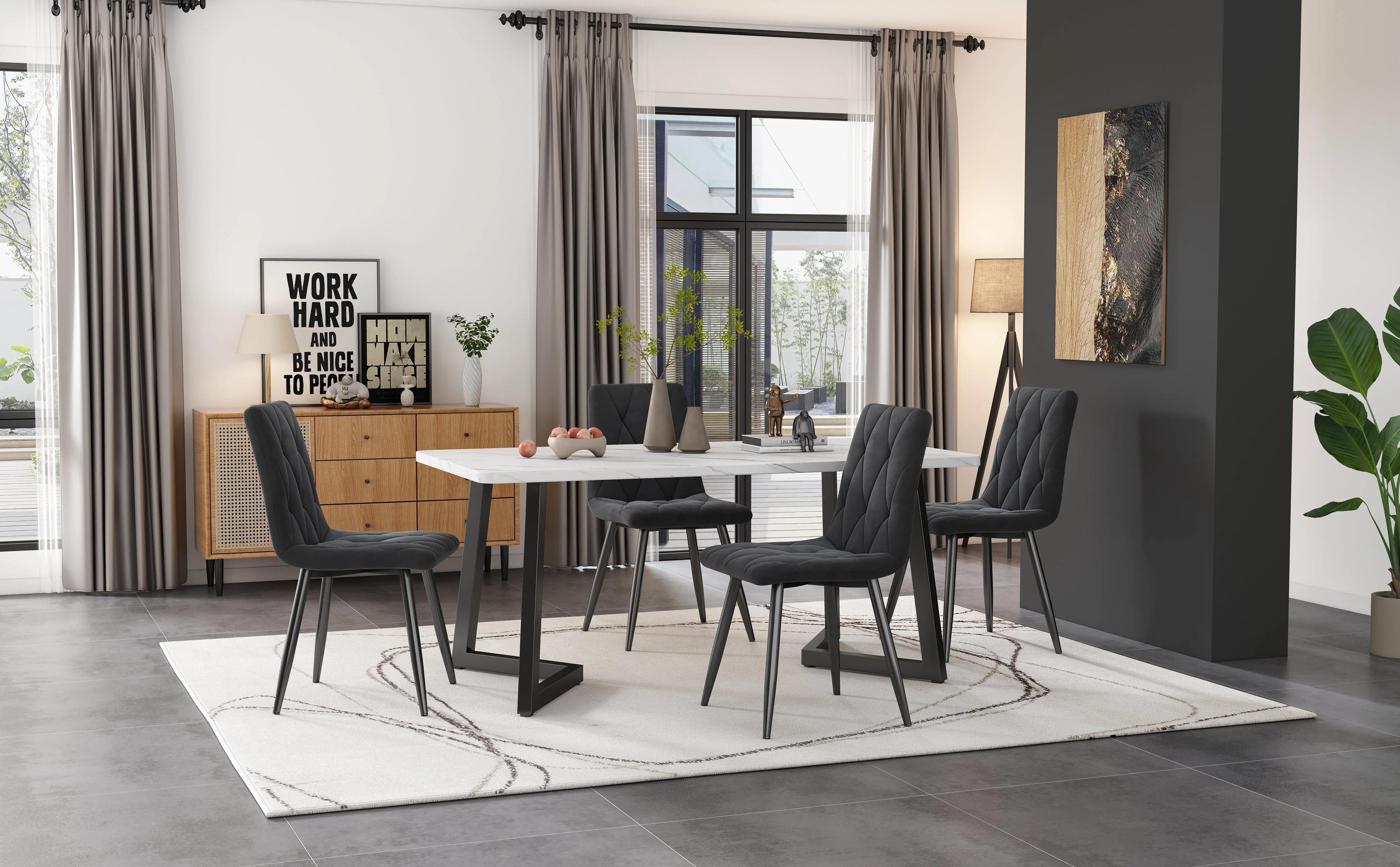 Dining Set 5-Piece Rectangular Kitchen Table 117x68cm Dark Grey Twill Velvet Black - Image 2