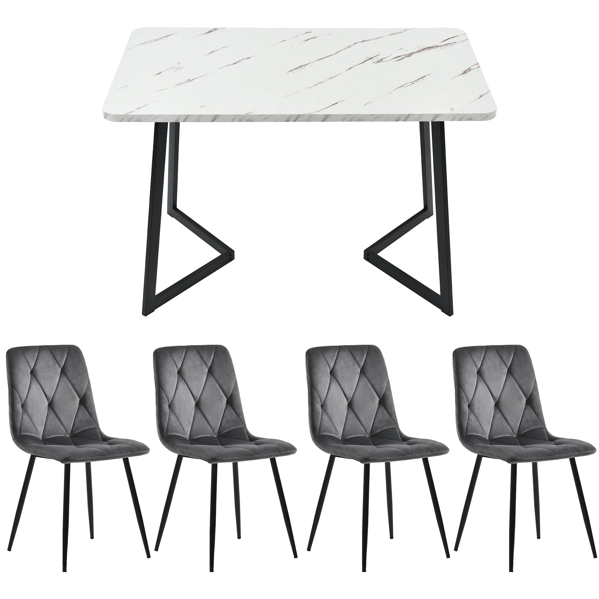 Dining Set 5-Piece Rectangular Kitchen Table 117x68cm Dark Grey Twill Velvet Black - Image 3