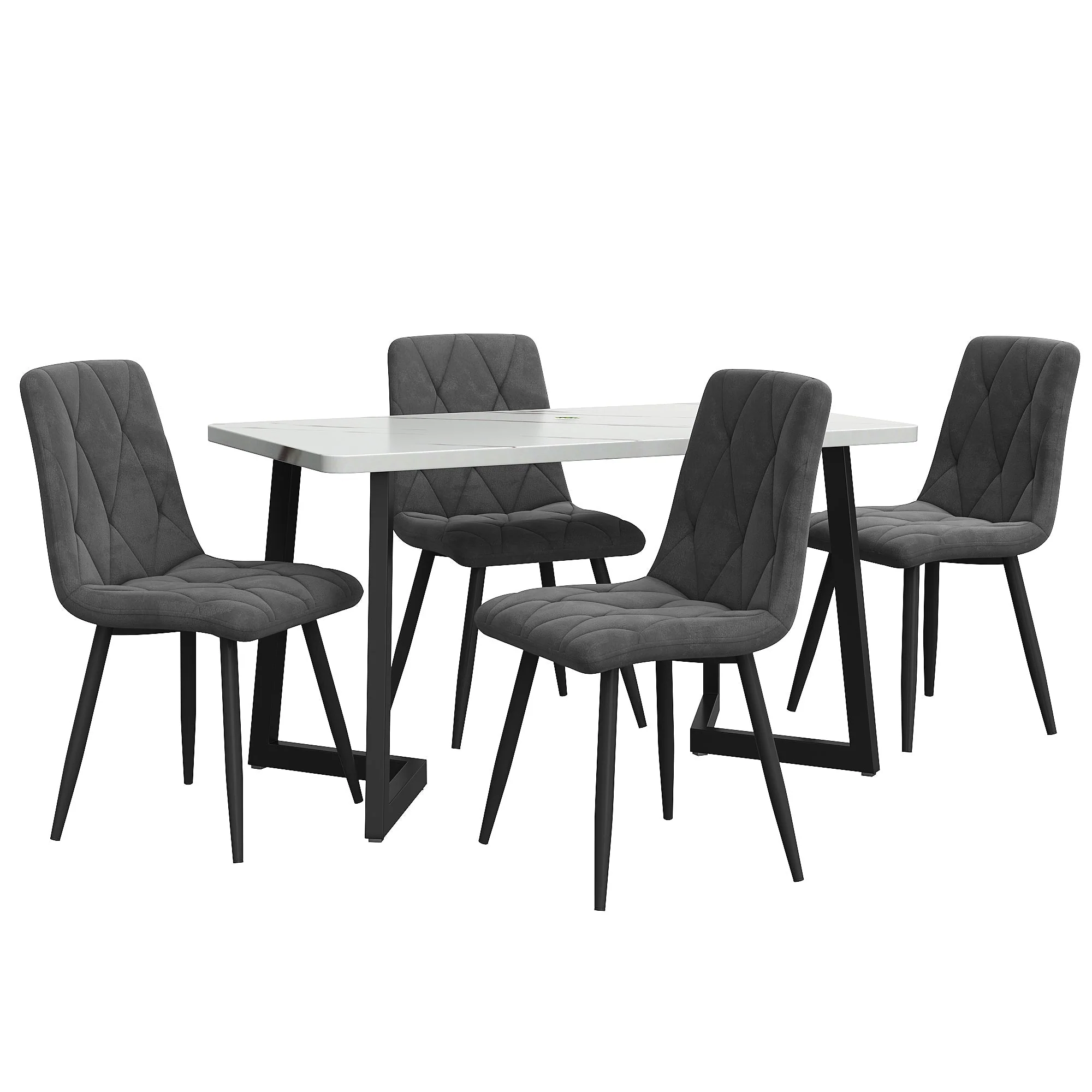 Dining Set 5-Piece Rectangular Kitchen Table 117x68cm Dark Grey Twill Velvet Black - Image 5