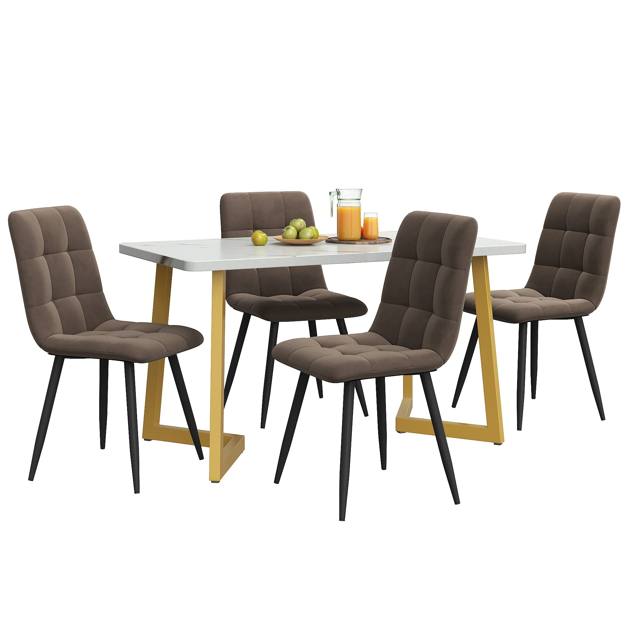 Dining Set 5-Piece Rectangular Modern Kitchen Table 4 Chairs Brown Velvet Gold Legs - Image 3
