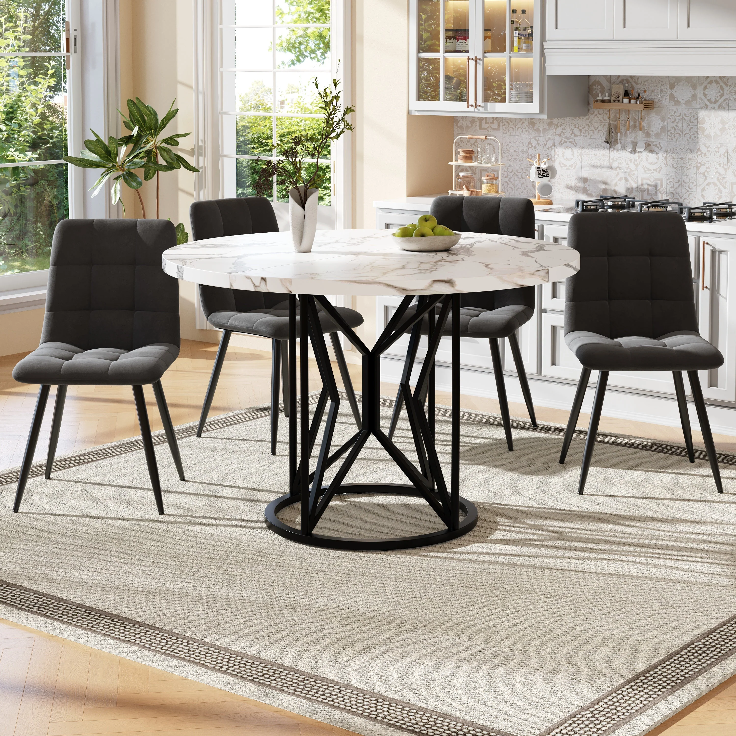 Dining Set 5-Piece Round 100cm White MDF Top - Grey Velvet Chairs - Image 2