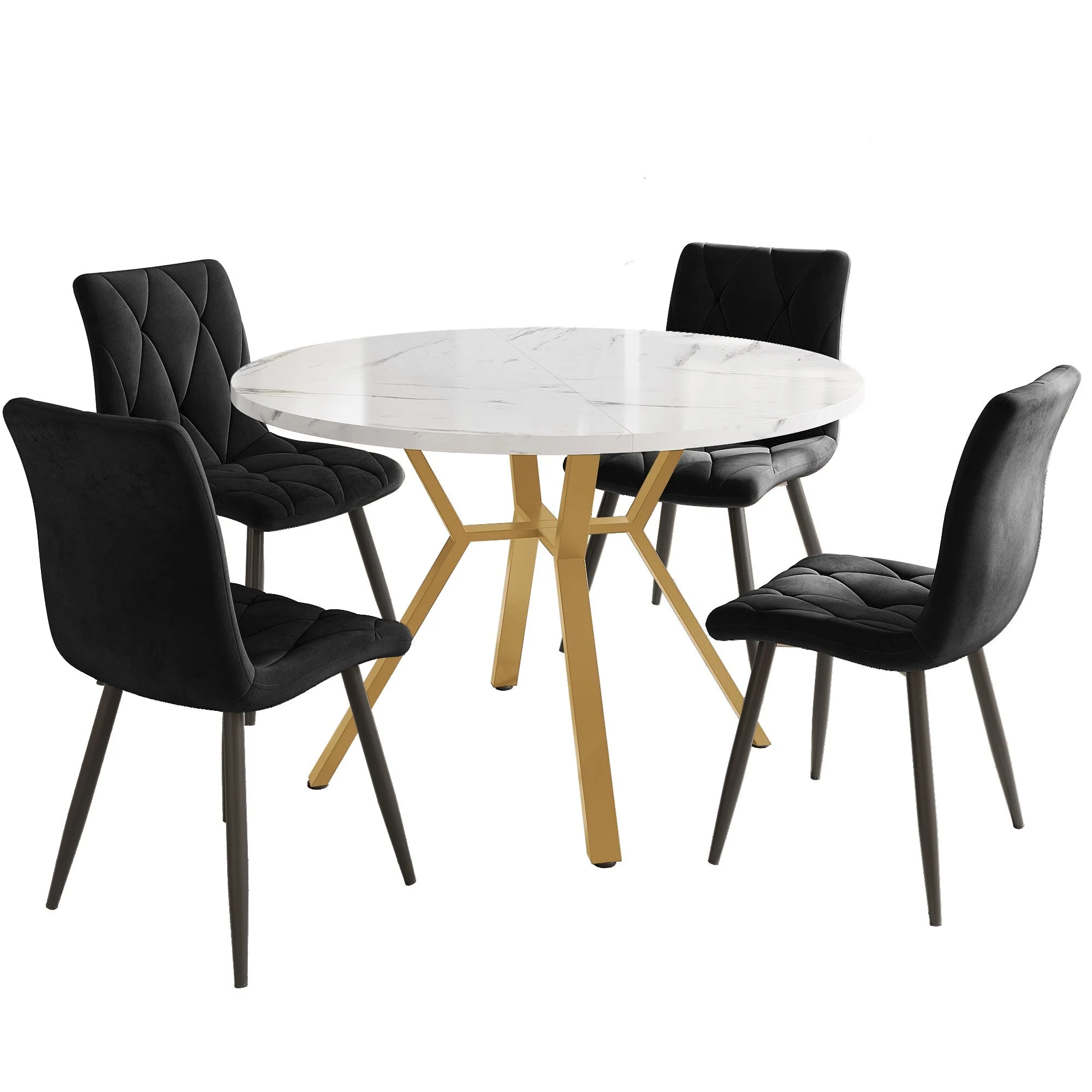 Dining Set 5-Piece Round Marble Table & 4 Velvet Chairs Gold Legs - Black - Image 2