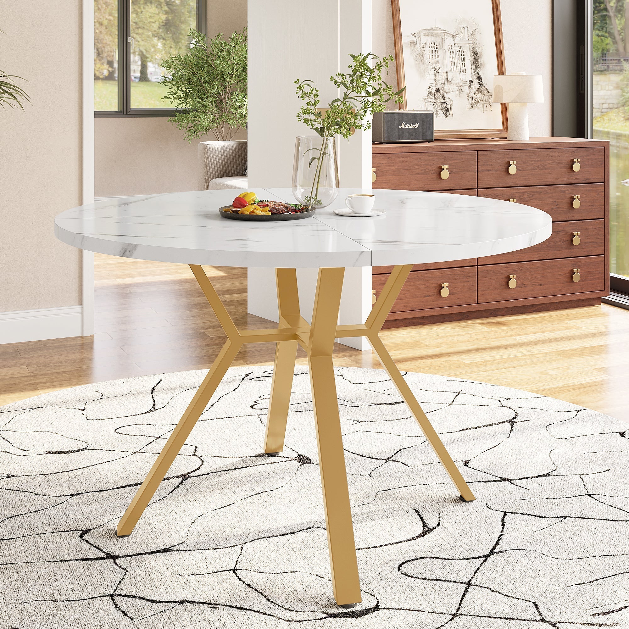 Dining Set 5-Piece Round Marble Table & 4 Velvet Chairs Gold Legs - Black - Image 4