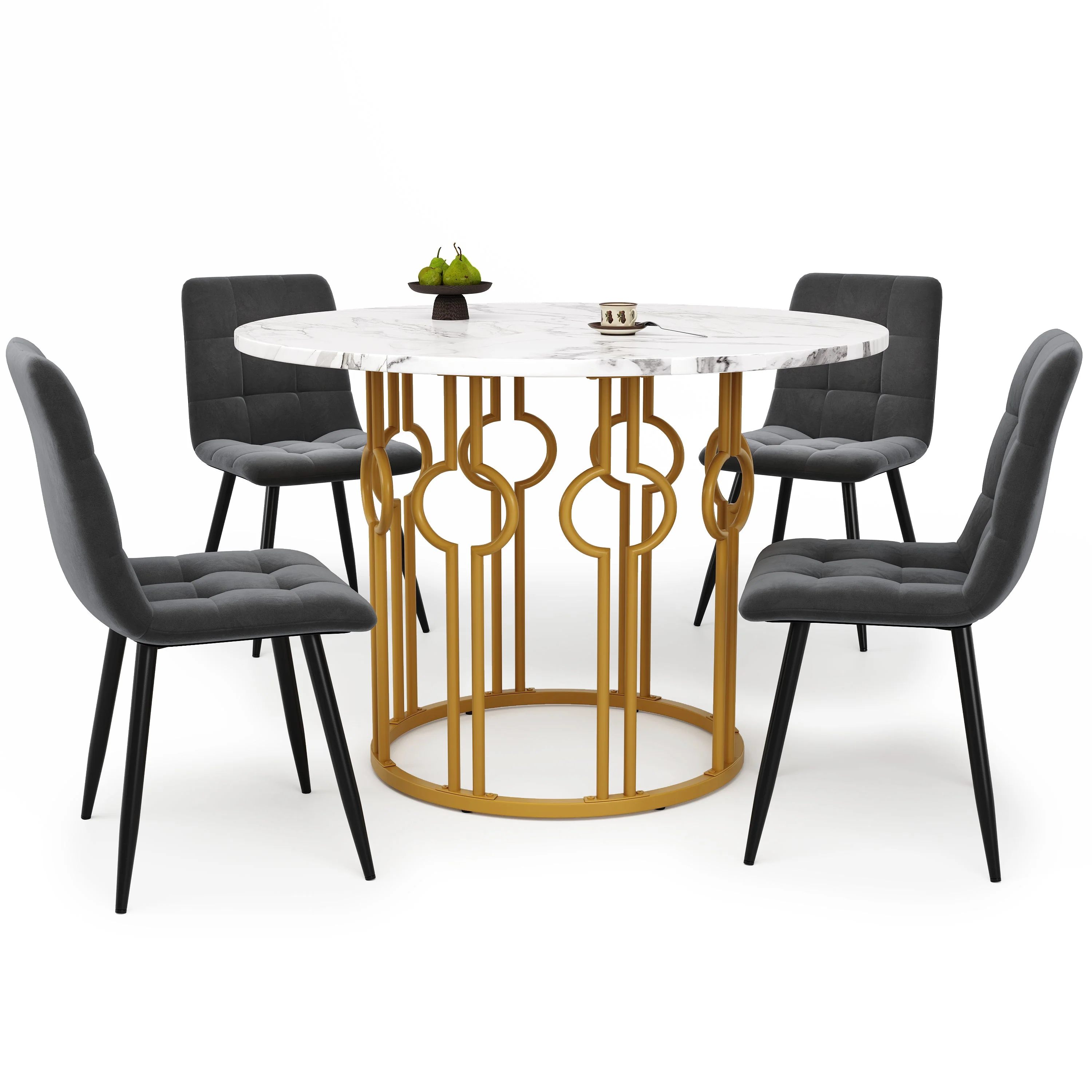 Dining Set 5-Piece Round Table 100cm, 4 Chairs, Gold Metal Legs, White MDF Top | Dark Grey Velvet - Image 3