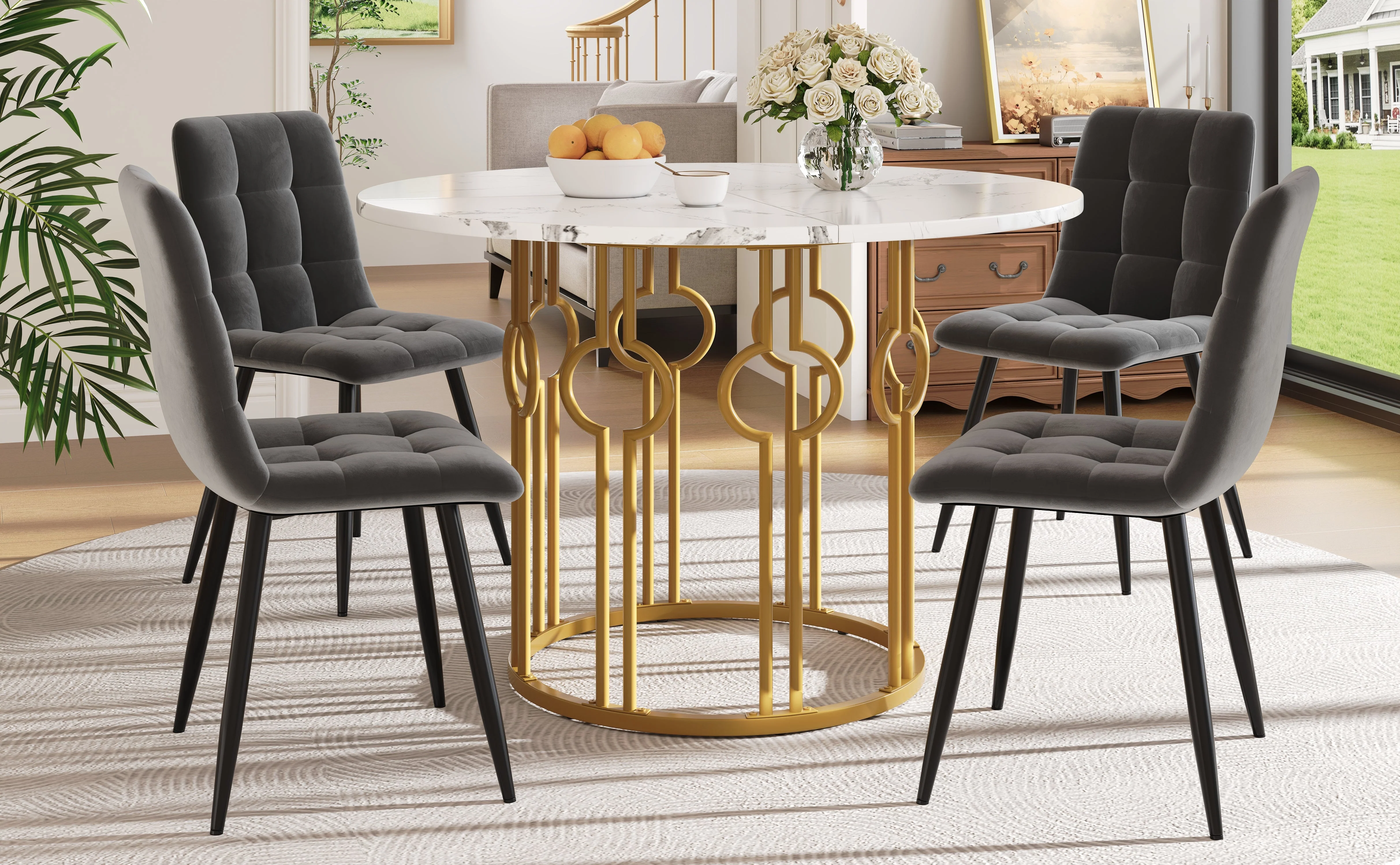 Dining Set 5-Piece Round Table 100cm, 4 Chairs, Gold Metal Legs, White MDF Top | Dark Grey Velvet - Image 4