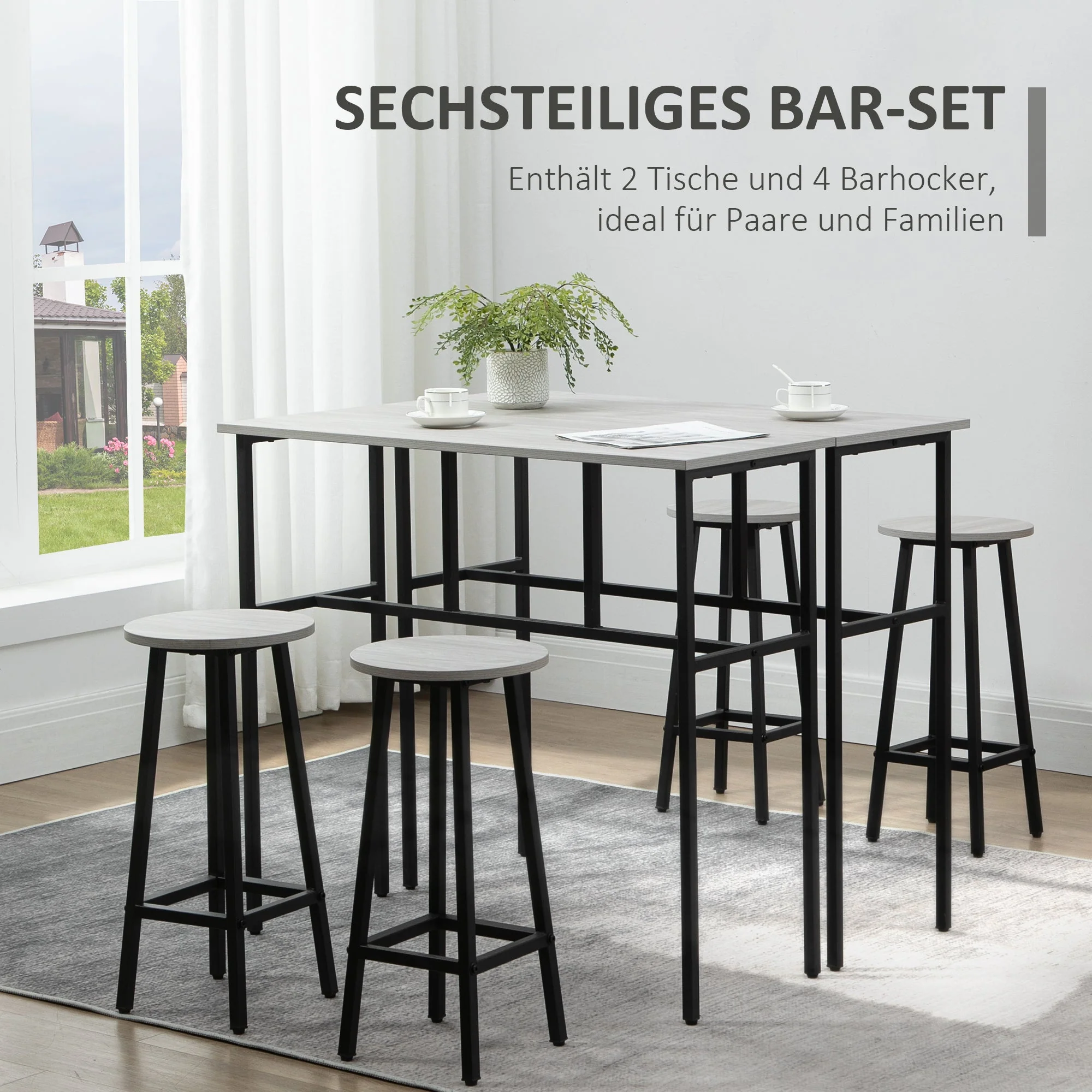 Dining Set, 6-Piece with 2 Bar Tables and 4 Stools, Industrial Design, Gray and Black Chipboard and Steel - Image 4