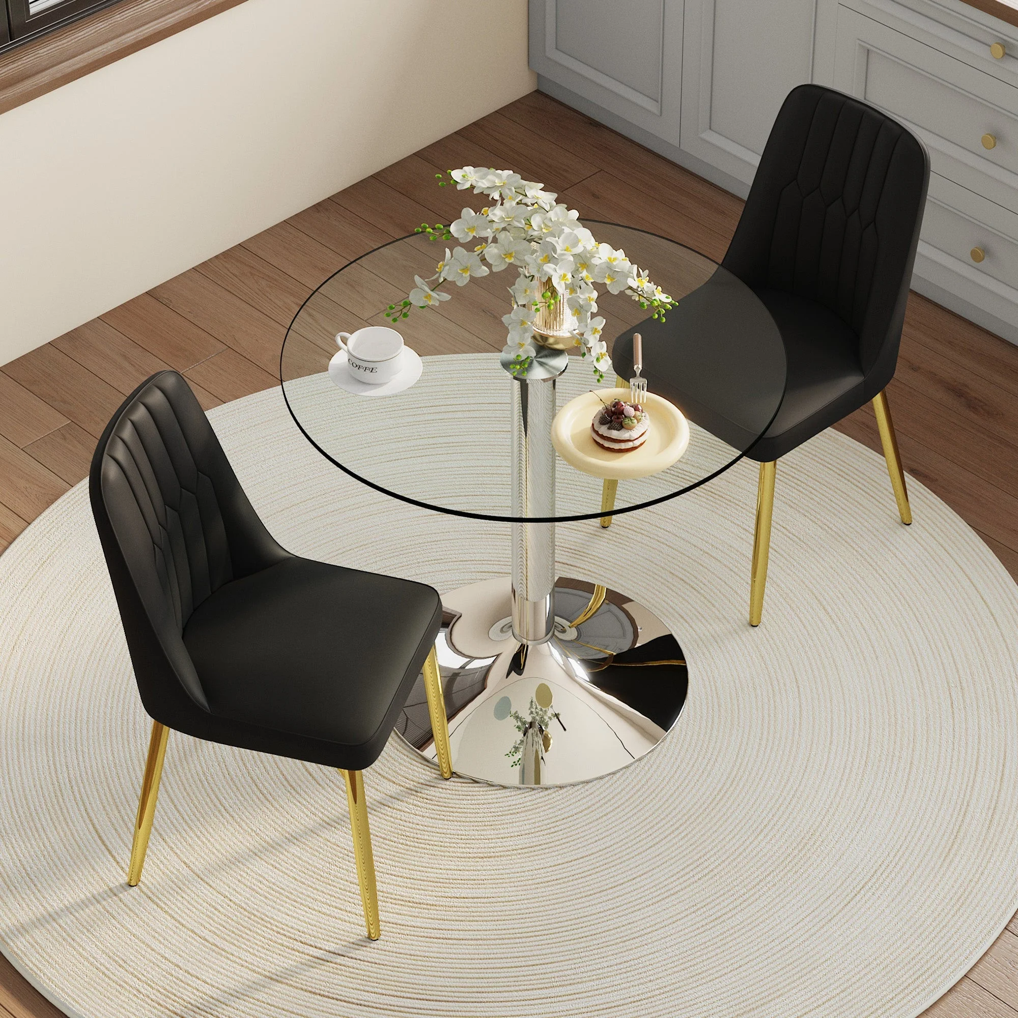 Dining Set 85cm Round Tempered Glass Table with 2 Black PU Chairs - Black/Gold - Image 2
