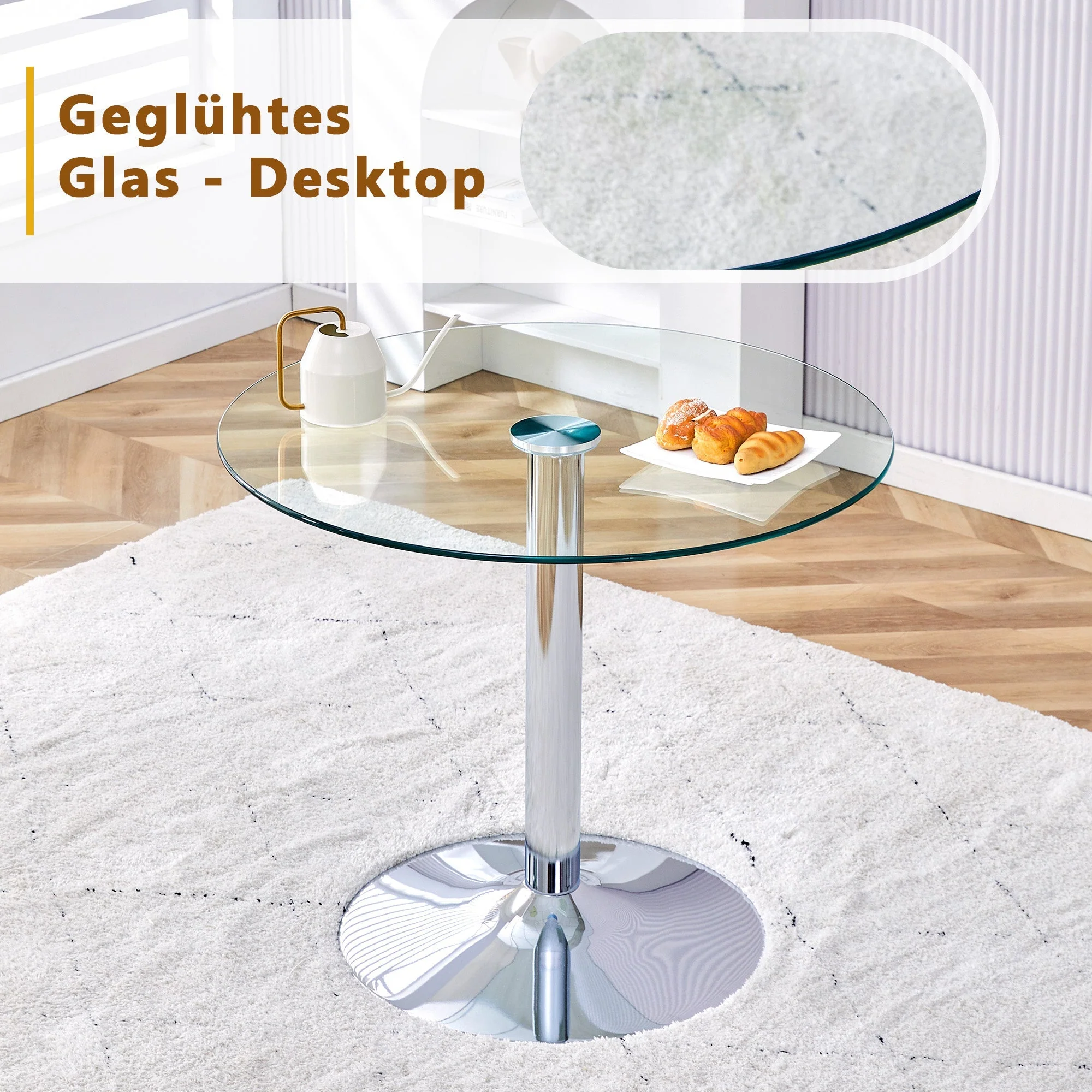 Dining Set 85cm Round Tempered Glass Table with 2 Black PU Chairs - Black/Gold - Image 6
