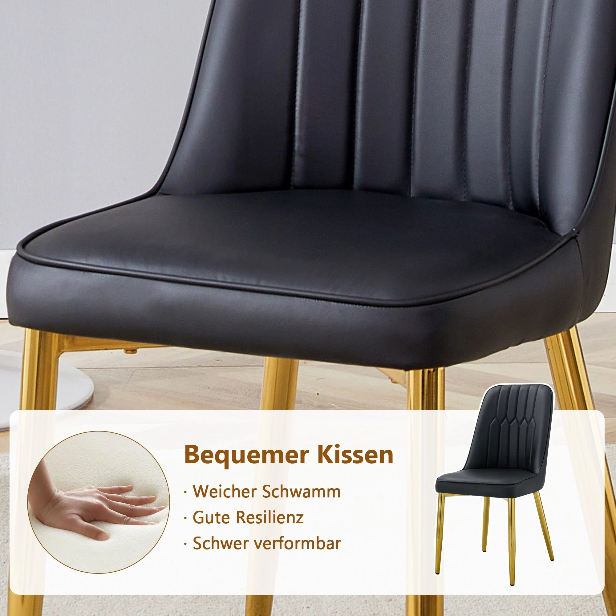 Dining Set 85cm Round Tempered Glass Table with 2 Black PU Chairs - Black/Gold - Image 9
