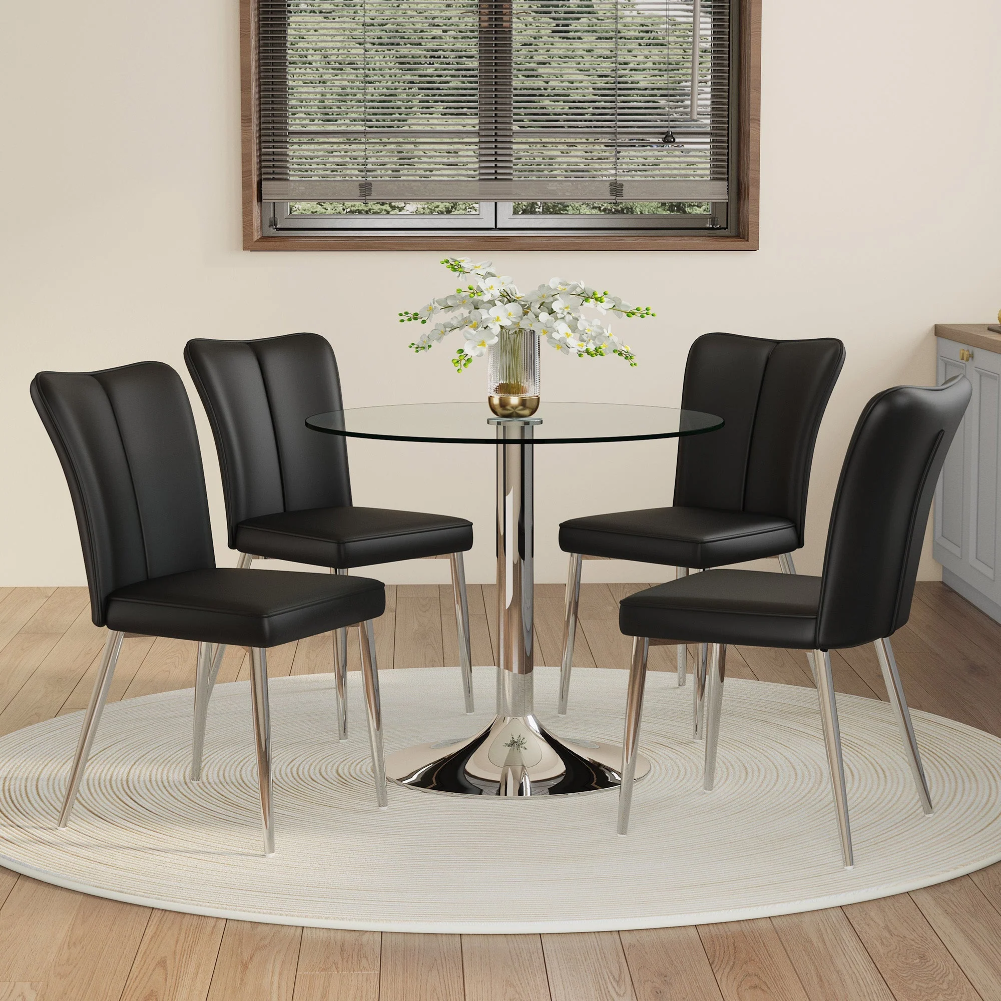 Dining Set 85cm Tempered Glass Table 4 PU Chairs Minimalist - Black