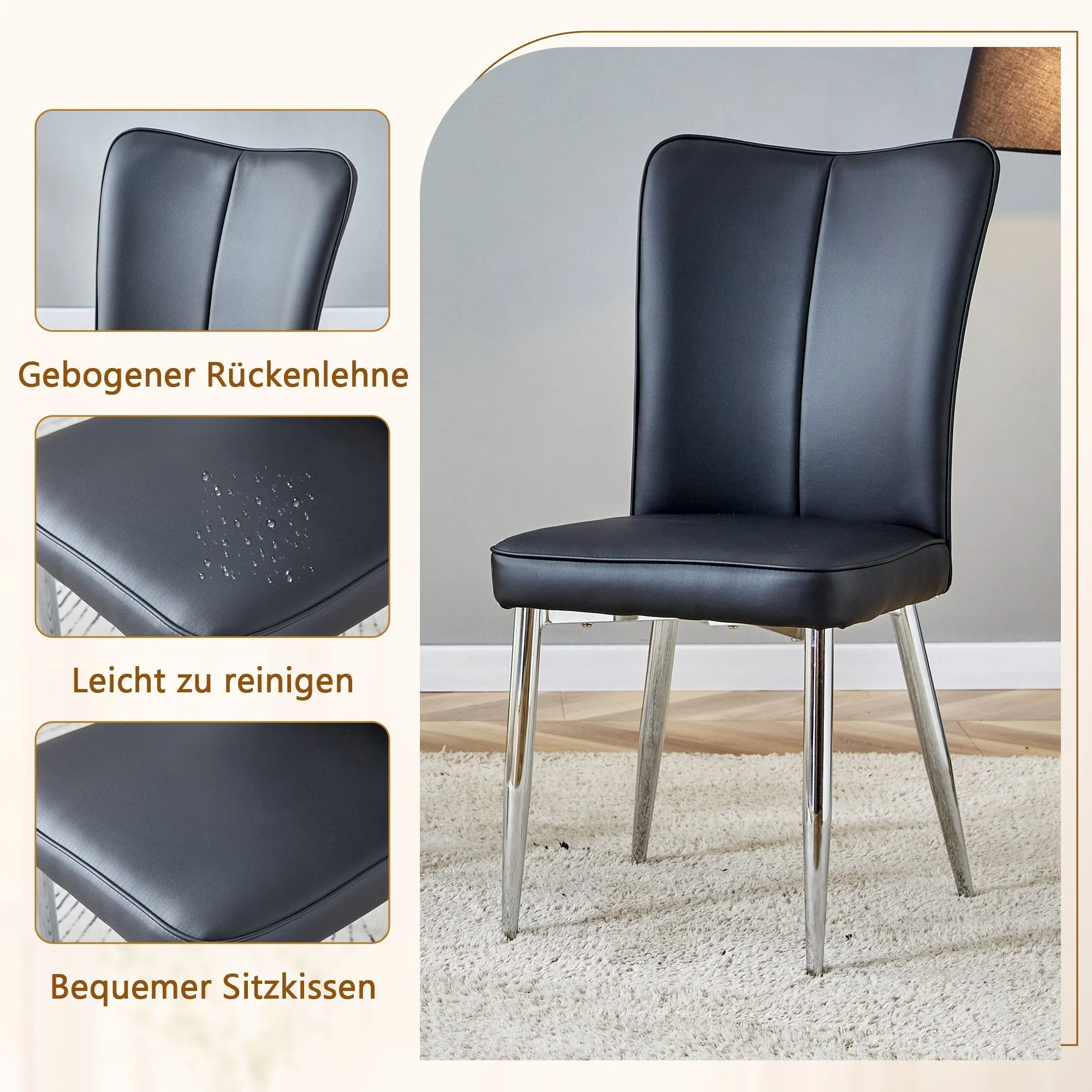 Dining Set 85cm Tempered Glass Table 4 PU Chairs Minimalist - Black - Image 6