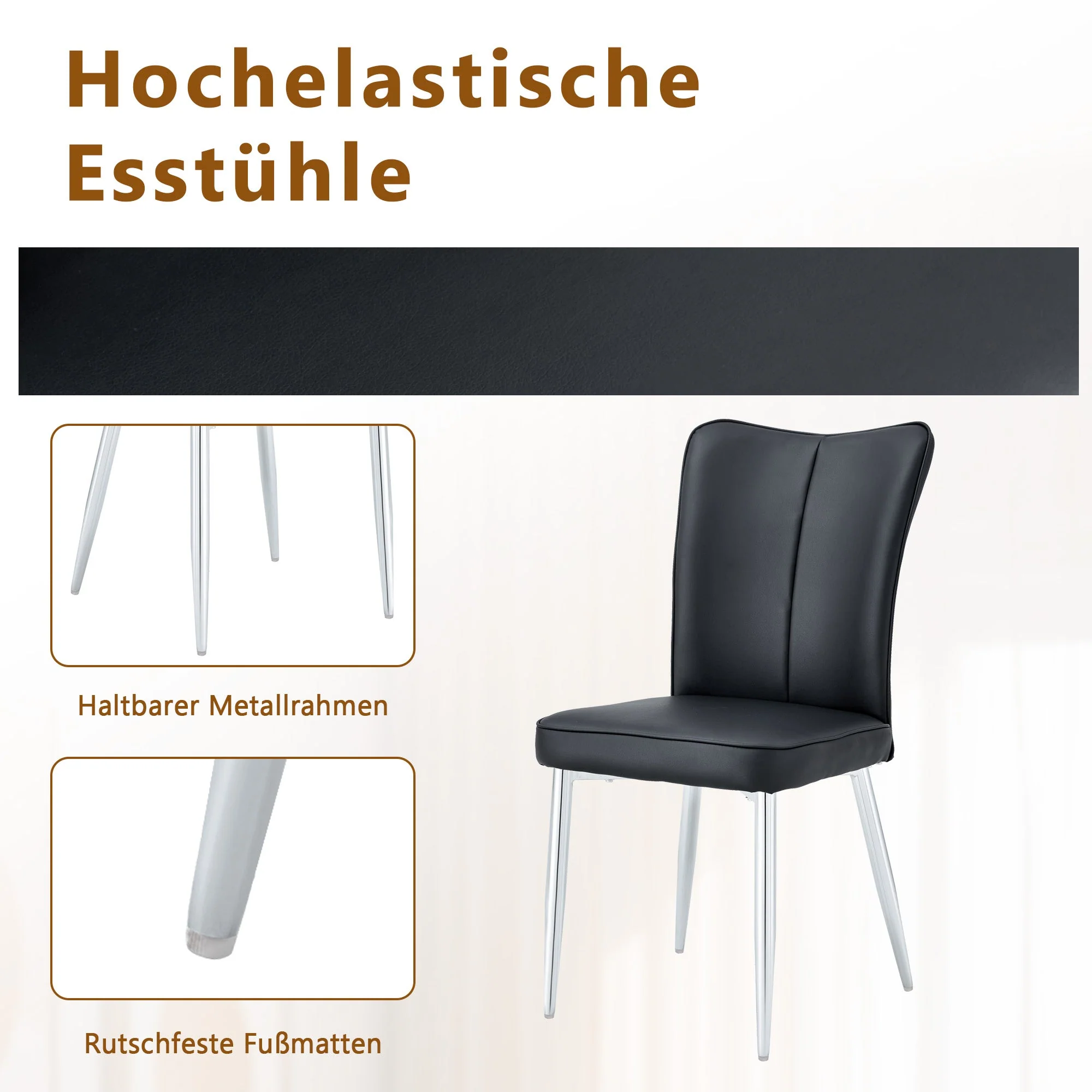 Dining Set 85cm Tempered Glass Table 4 PU Chairs Minimalist - Black - Image 7