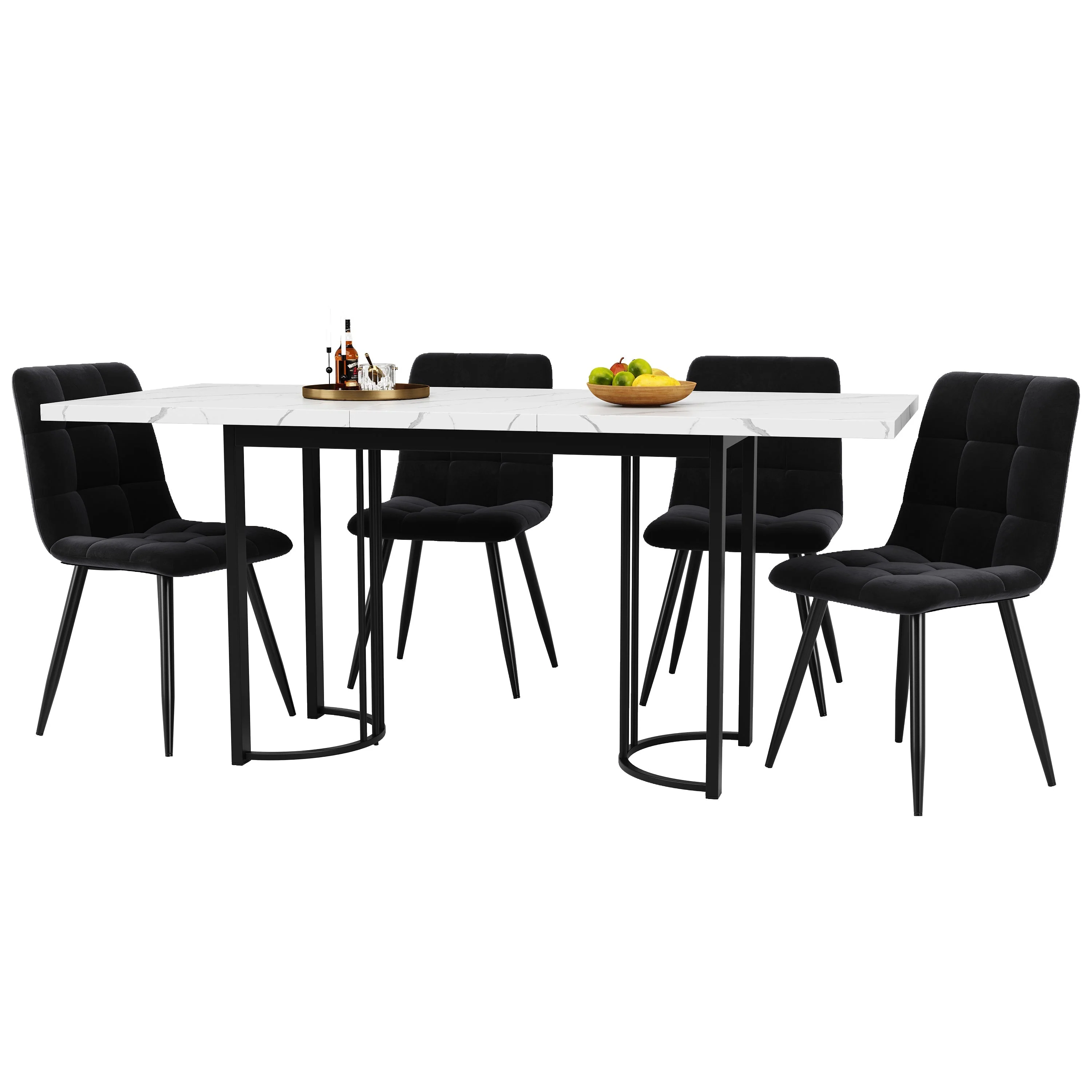 Dining Set Extendable 5-Piece Rectangular Table 4 Chairs - Black Velvet - Image 2
