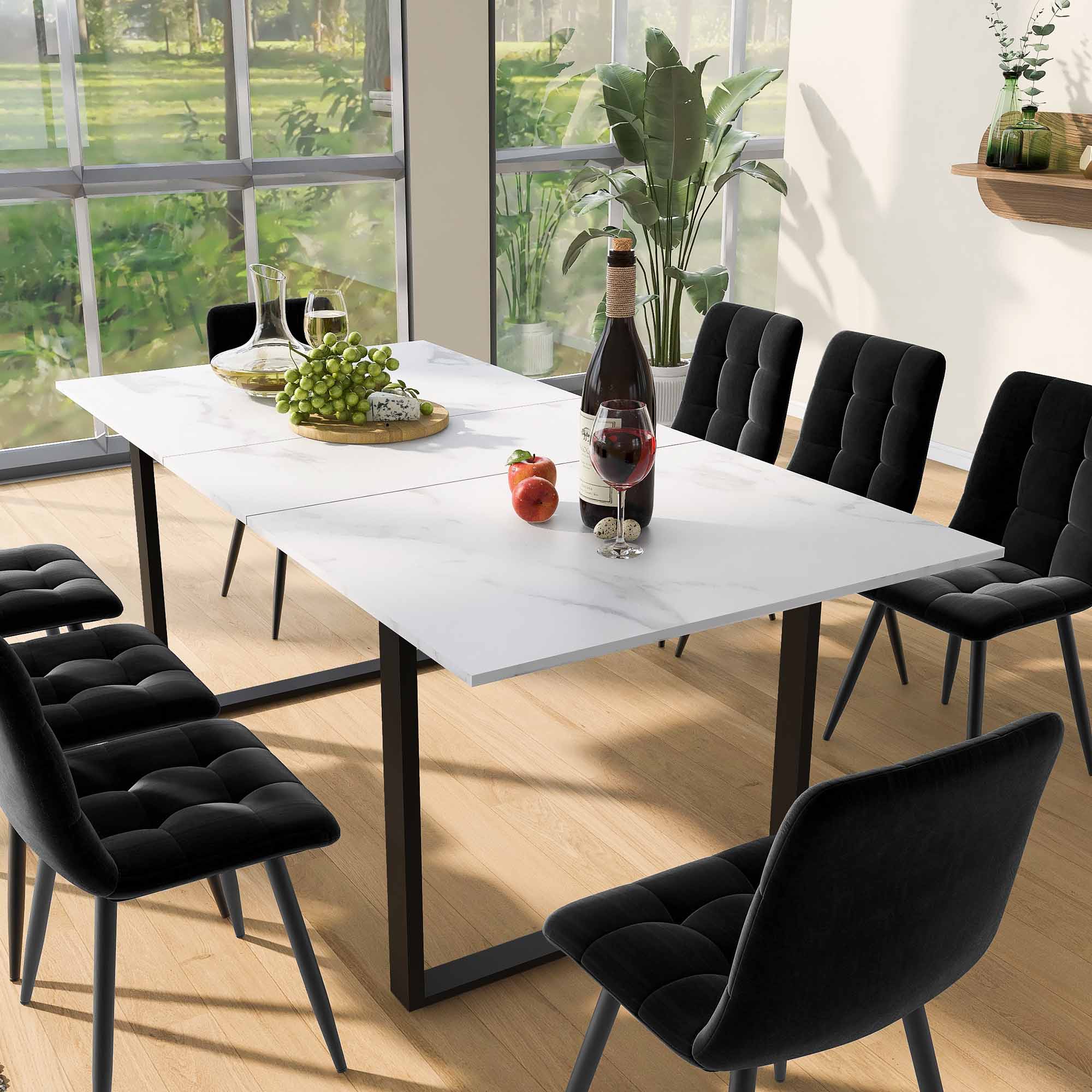 Dining Set Extendable Table 8 Black Velvet Chairs White/Black - Image 2
