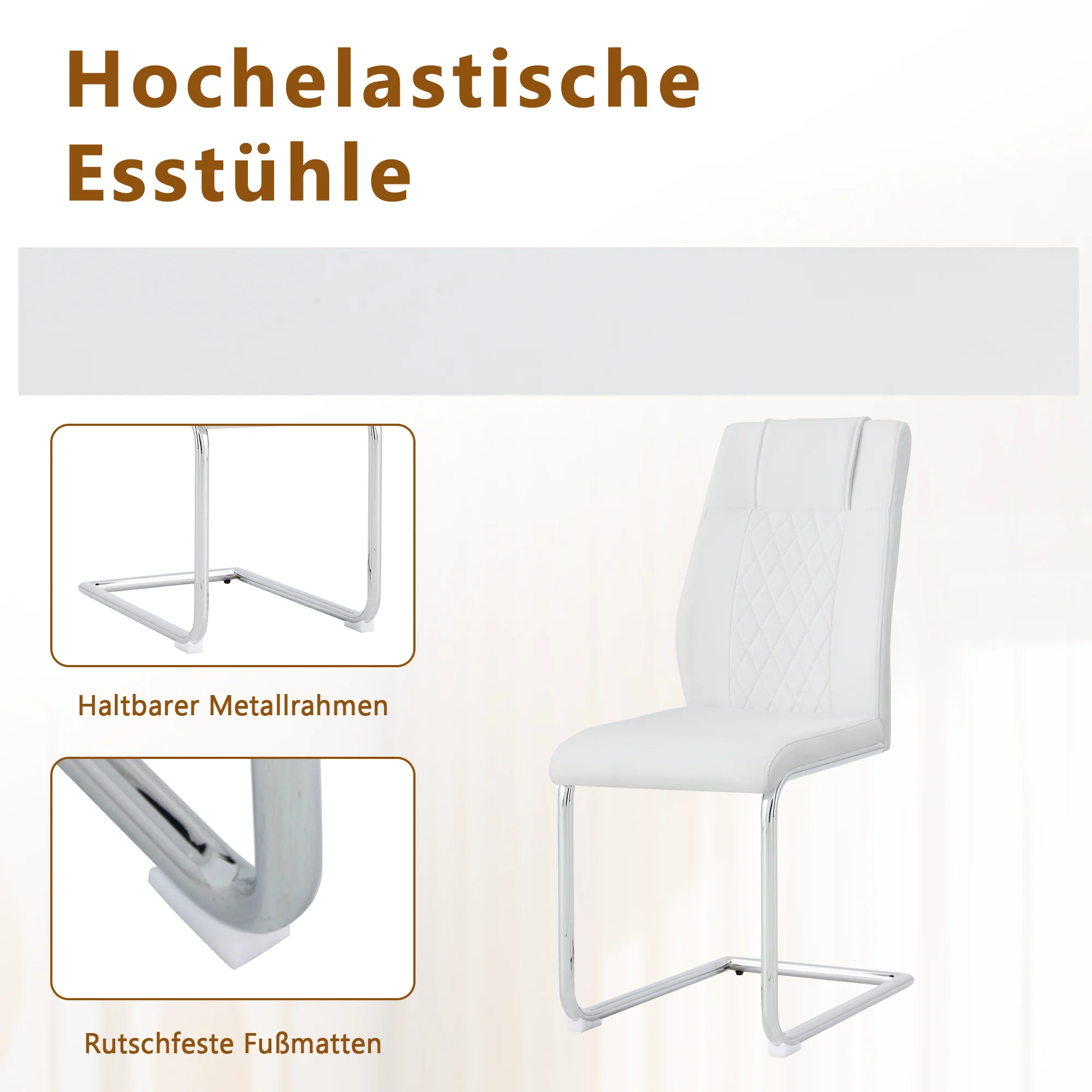 Dining Set - Minimalist Glass Table 85cm with 4 Chairs Metal Legs - White PU - Image 5