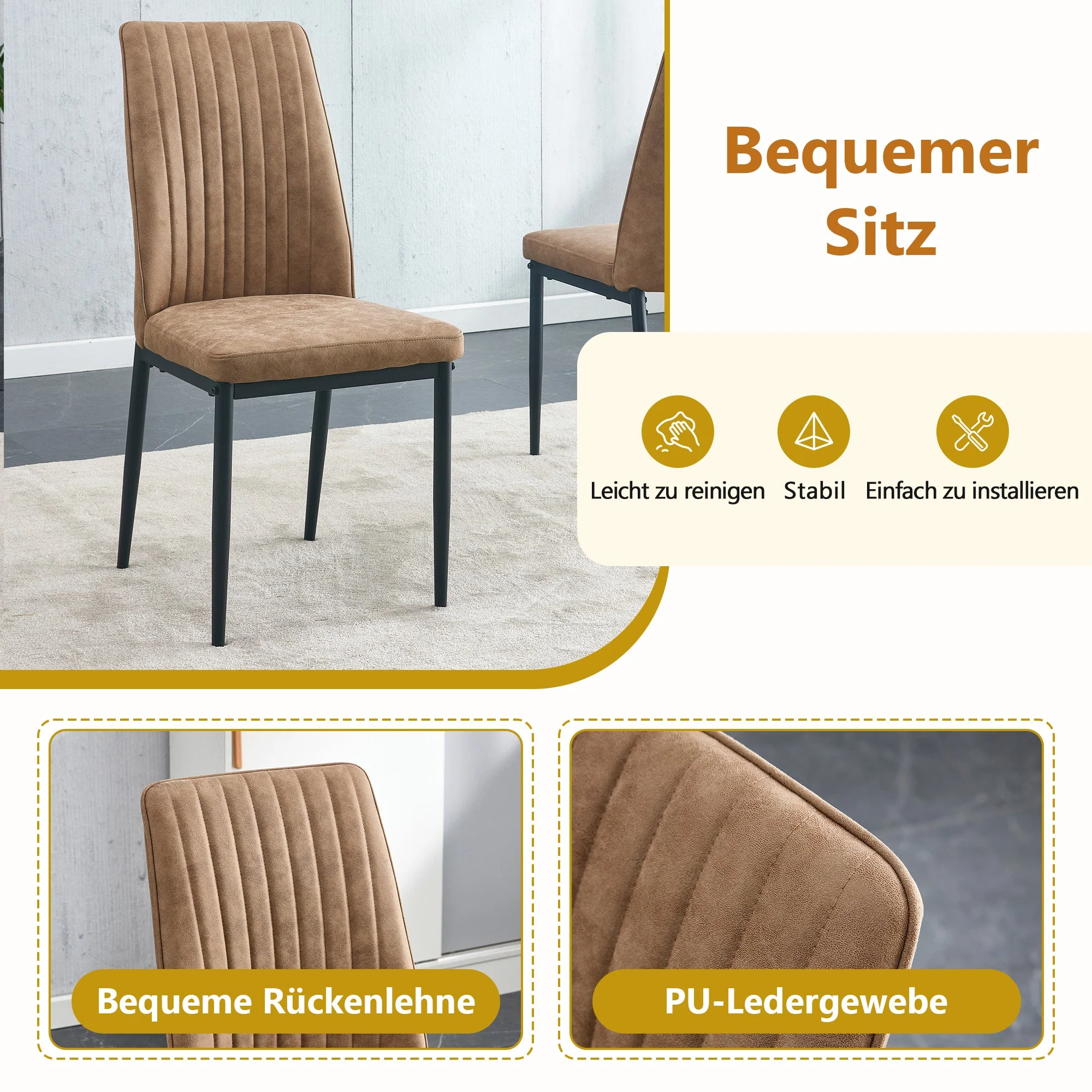Dining Set Minimalist Glass Table Ø85cm 4 High-Tech Fabric Chairs - Brown - Image 9