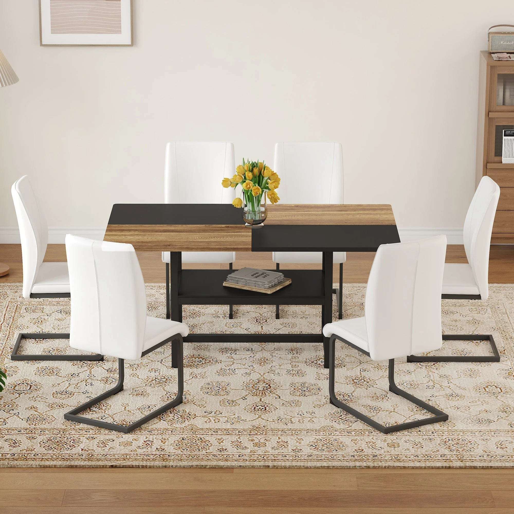 Dining Set - Rectangular Table Storage Shelf 6 Armchairs 160x90cm - White Faux Leather - Image 3