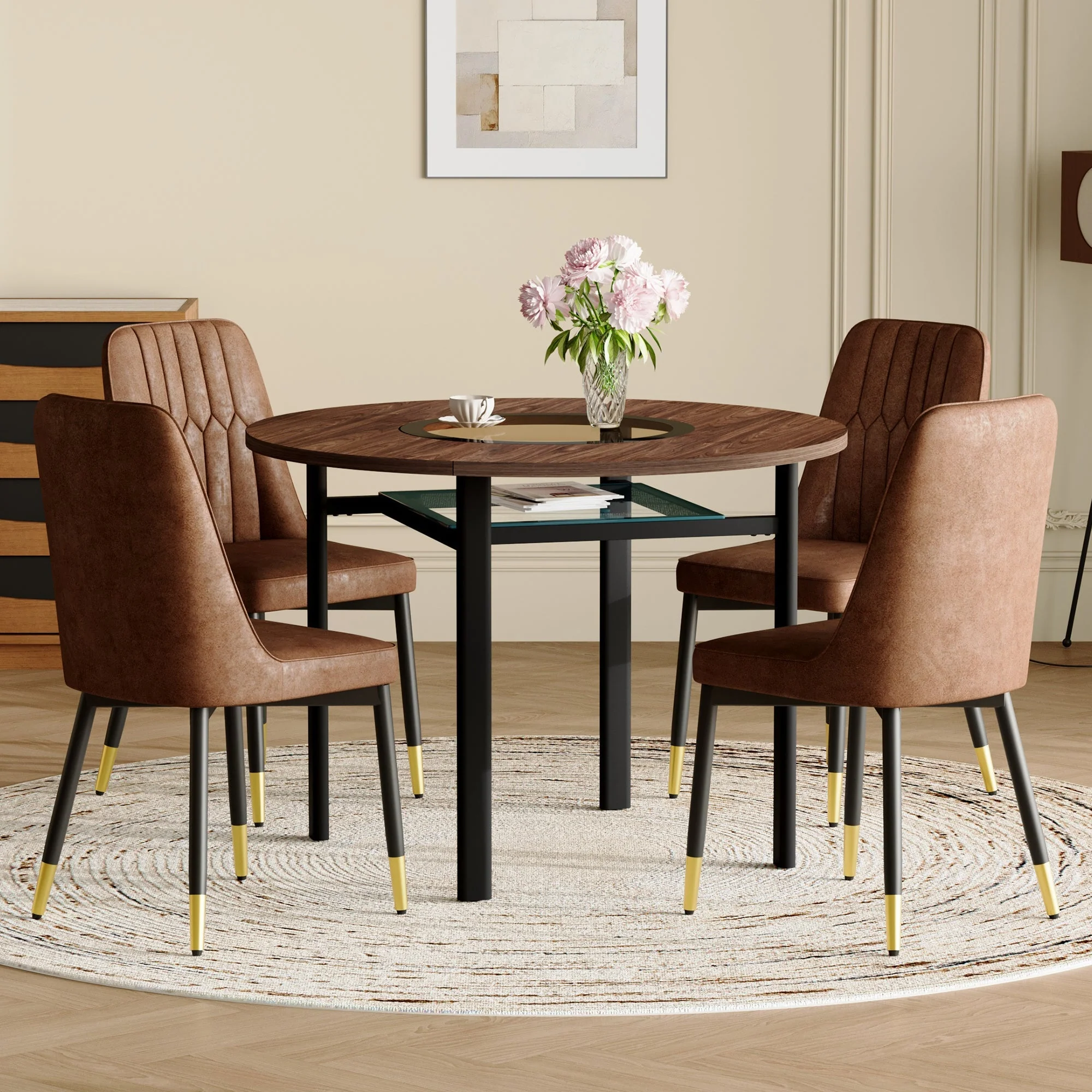 Dining Set Round 100cm Wood Look Table with 4 Chairs Brown Tech Fabric - Image 3