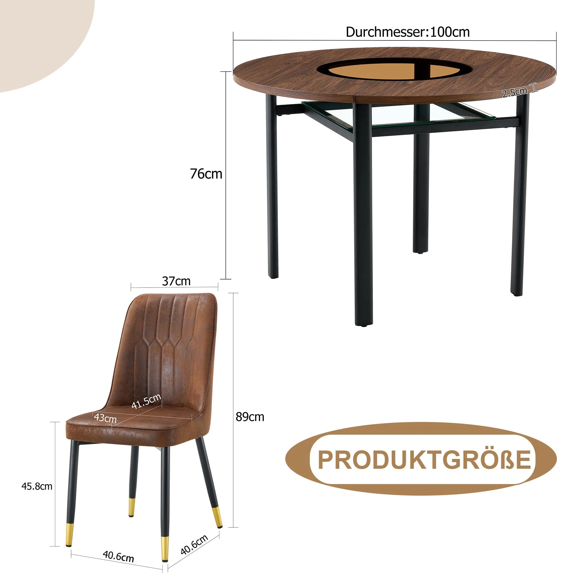 Dining Set Round 100cm Wood Look Table with 4 Chairs Brown Tech Fabric - Image 4