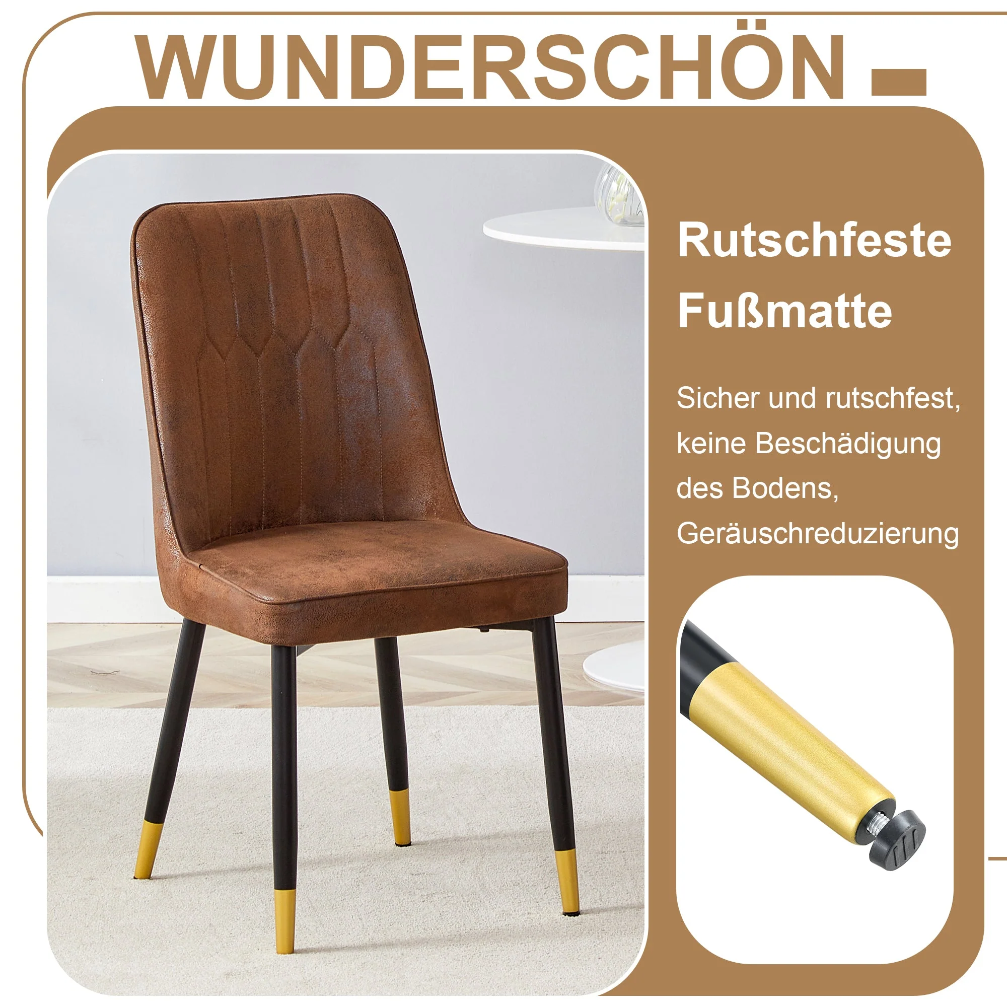 Dining Set Round 100cm Wood Look Table with 4 Chairs Brown Tech Fabric - Image 6