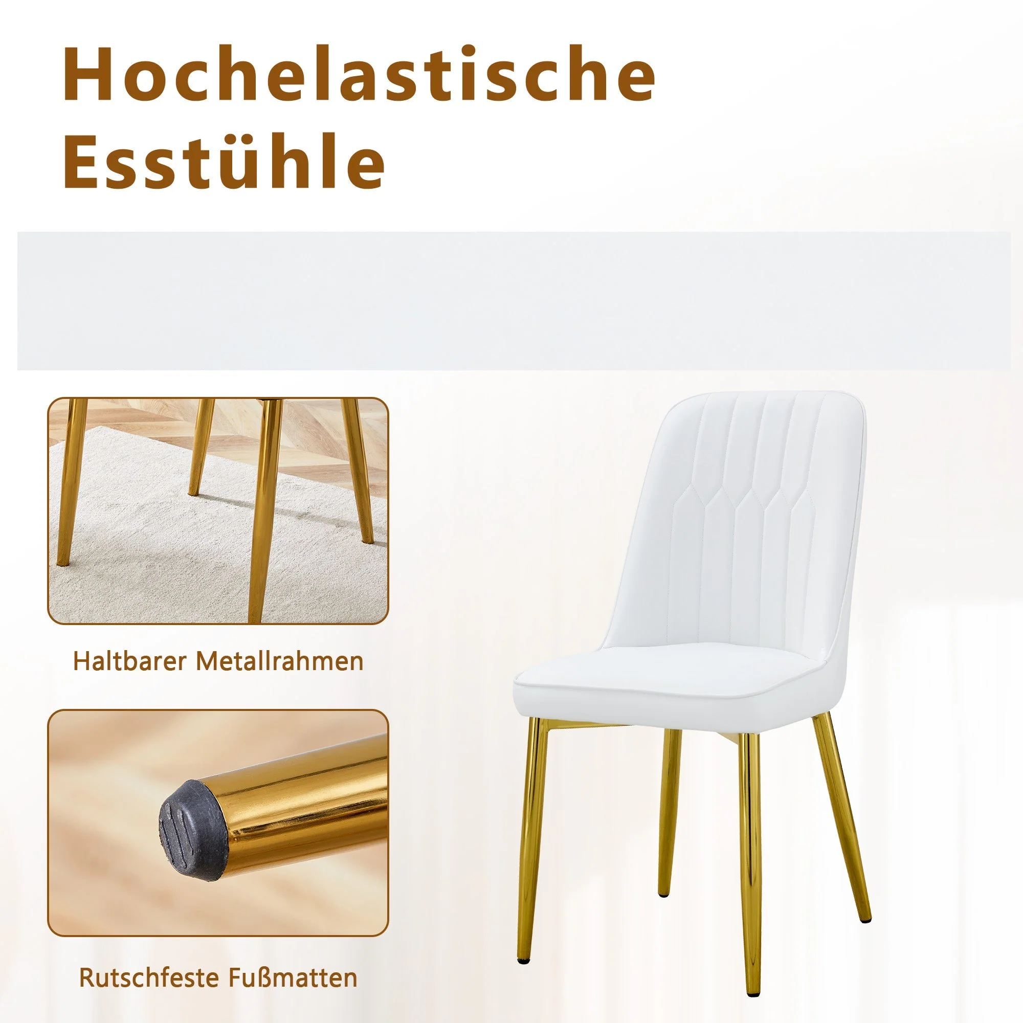 Dining Set Round Glass Table 85cm 4 PU Chairs Gold Legs - White - Image 10