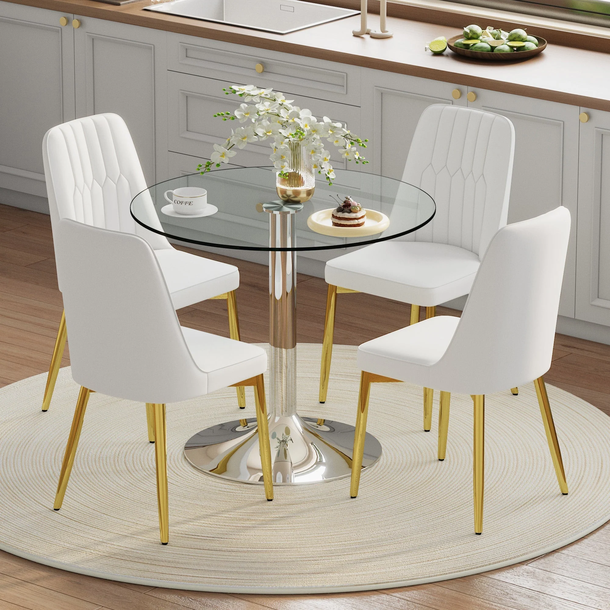 Dining Set Round Glass Table 85cm 4 PU Chairs Gold Legs - White - Image 2