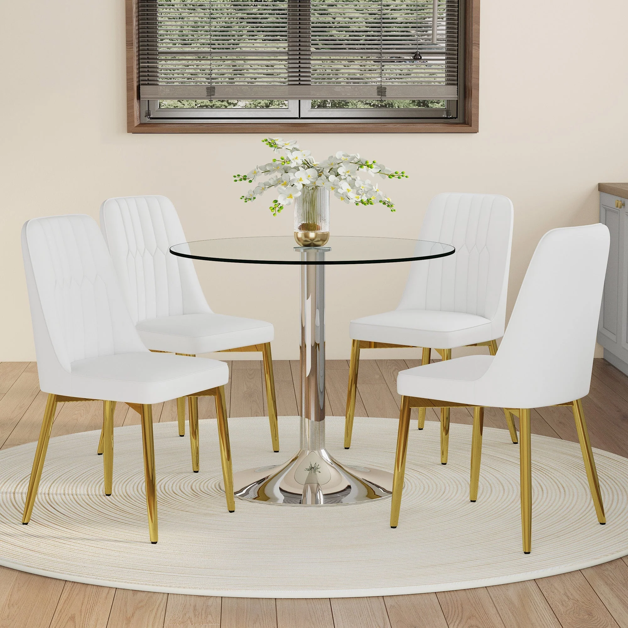 Dining Set Round Glass Table 85cm 4 PU Chairs Gold Legs - White - Image 3