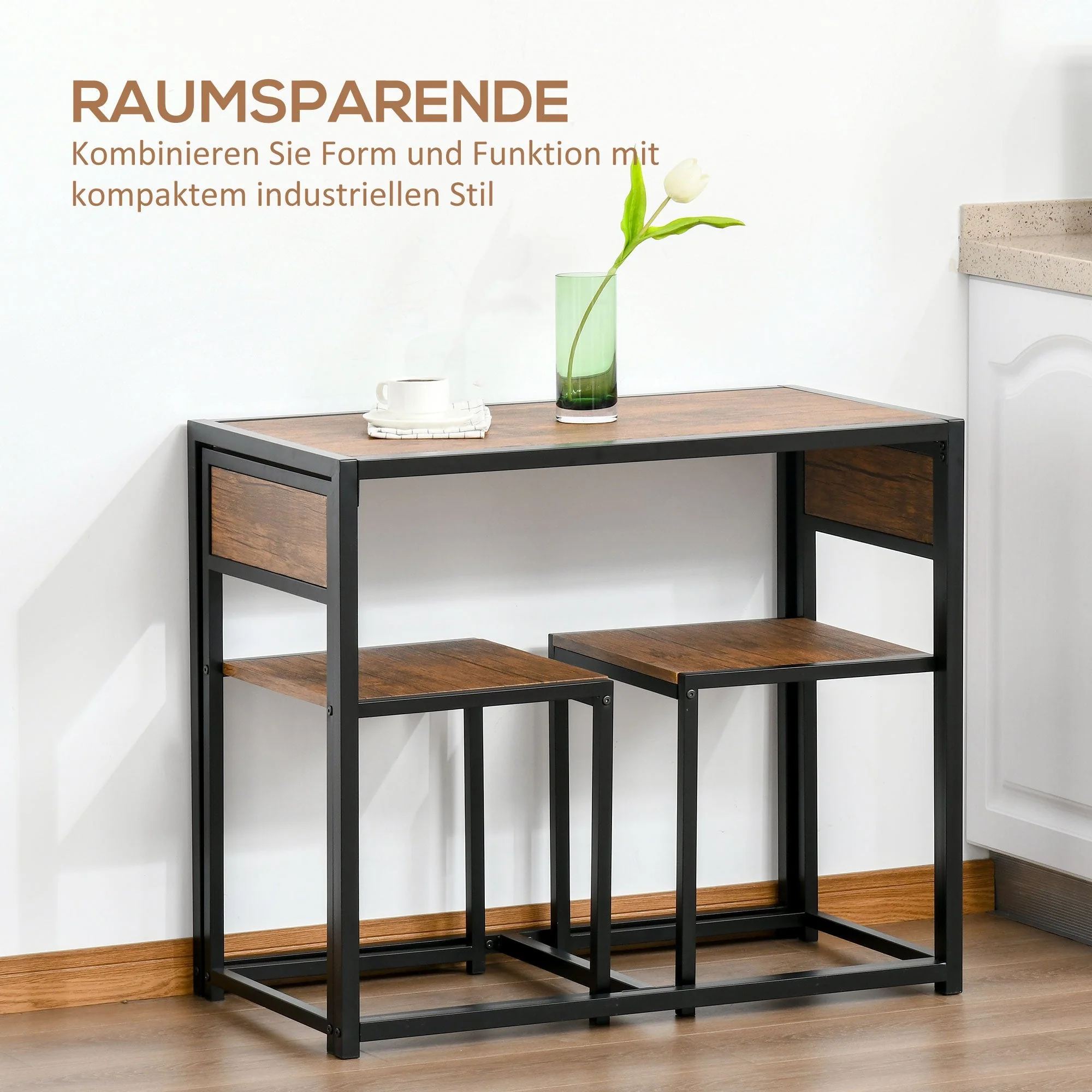 Dining Set with 2 Chairs, Kitchen Table Group, Metal and Natural Wood - Image 5