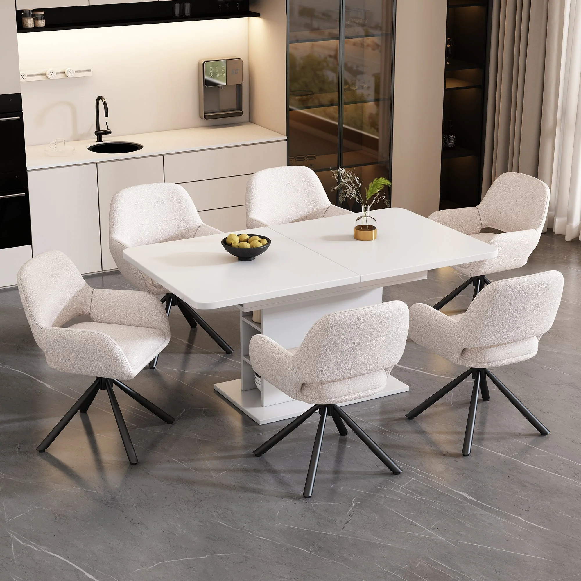 Dining Set with Extendable Rectangular Table and 6 Sherpa Fabric Chairs, Storage, White