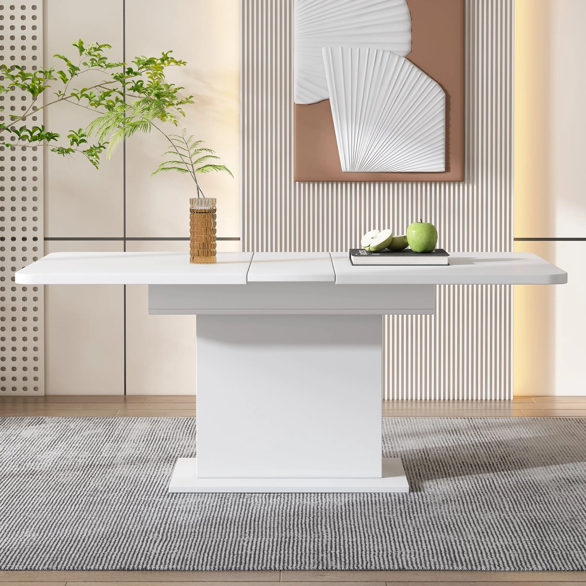 Dining Set with Extendable Rectangular Table and 6 Sherpa Fabric Chairs, Storage, White - Image 2