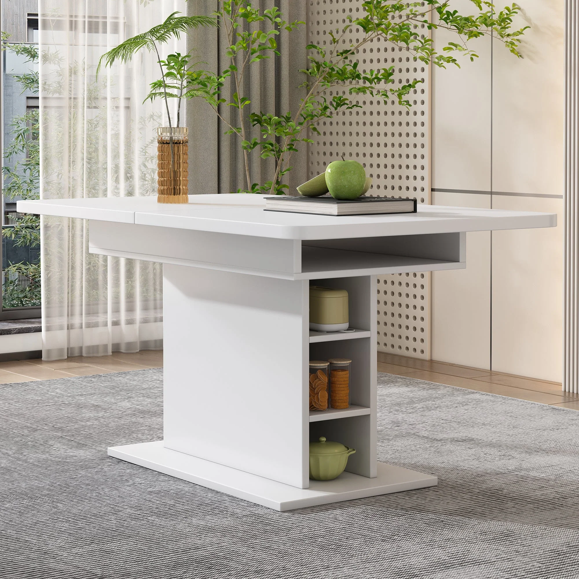Dining Set with Extendable Rectangular Table and 6 Sherpa Fabric Chairs, Storage, White - Image 3