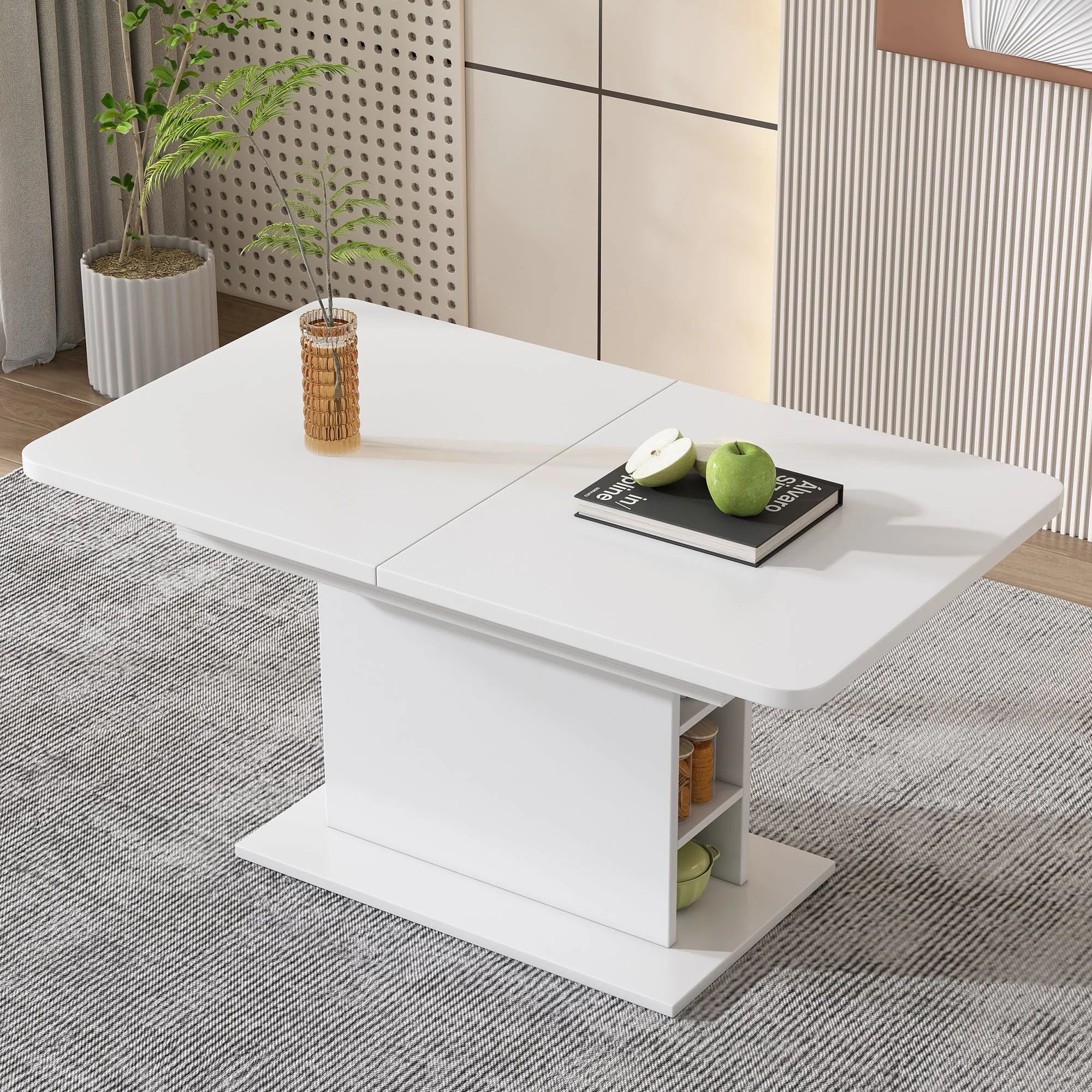 Dining Set with Extendable Rectangular Table and 6 Sherpa Fabric Chairs, Storage, White - Image 4