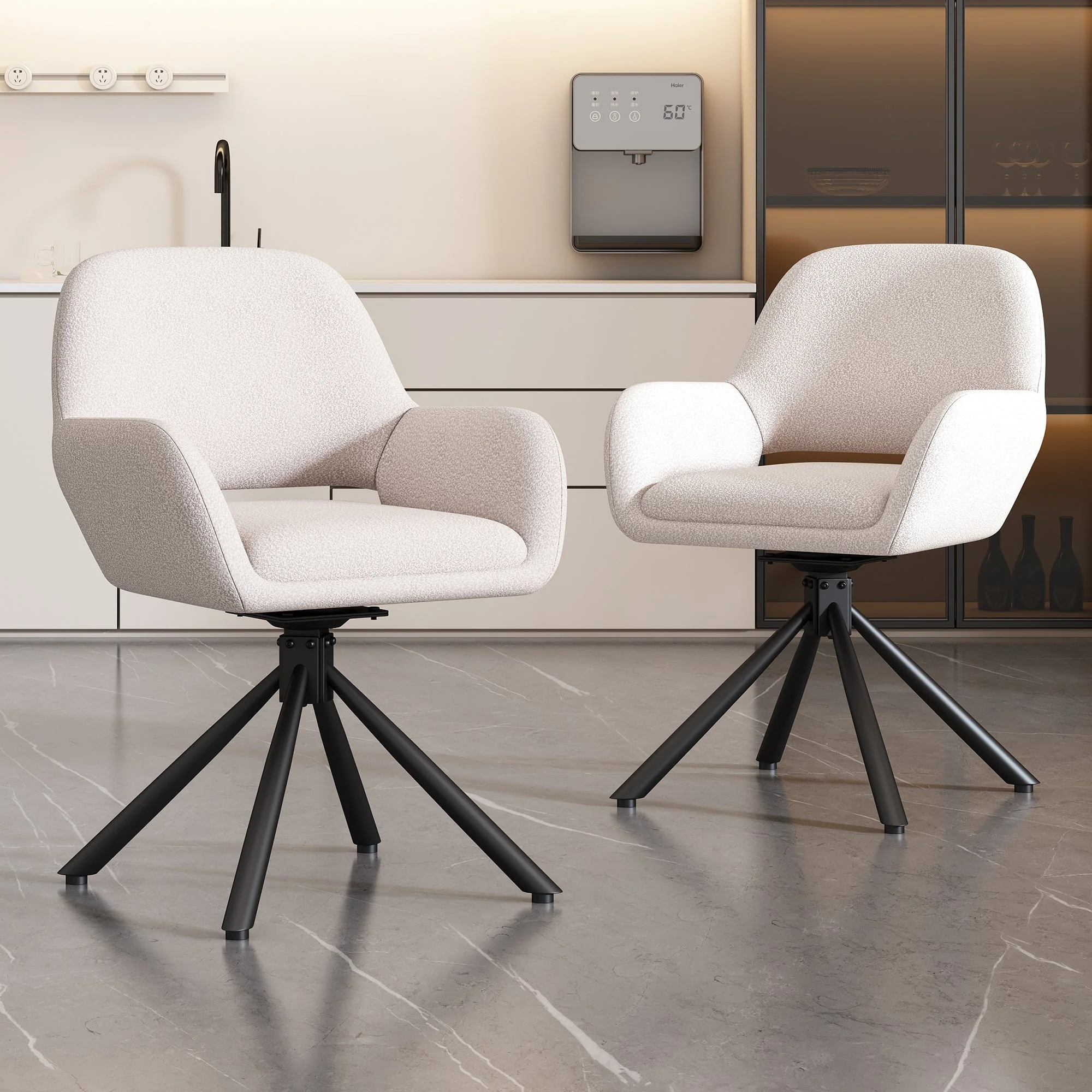 Dining Set with Extendable Rectangular Table and 6 Sherpa Fabric Chairs, Storage, White - Image 5