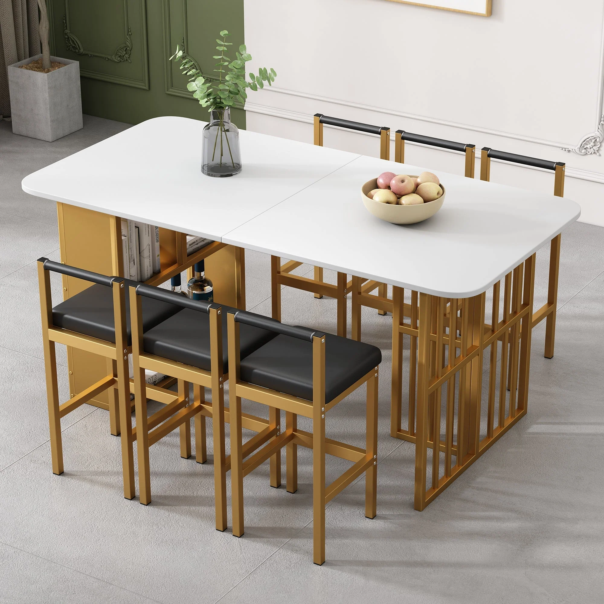 Dining Set with Rectangular Table and 6 Chairs, Steel Frame, White and Gold - Image 2