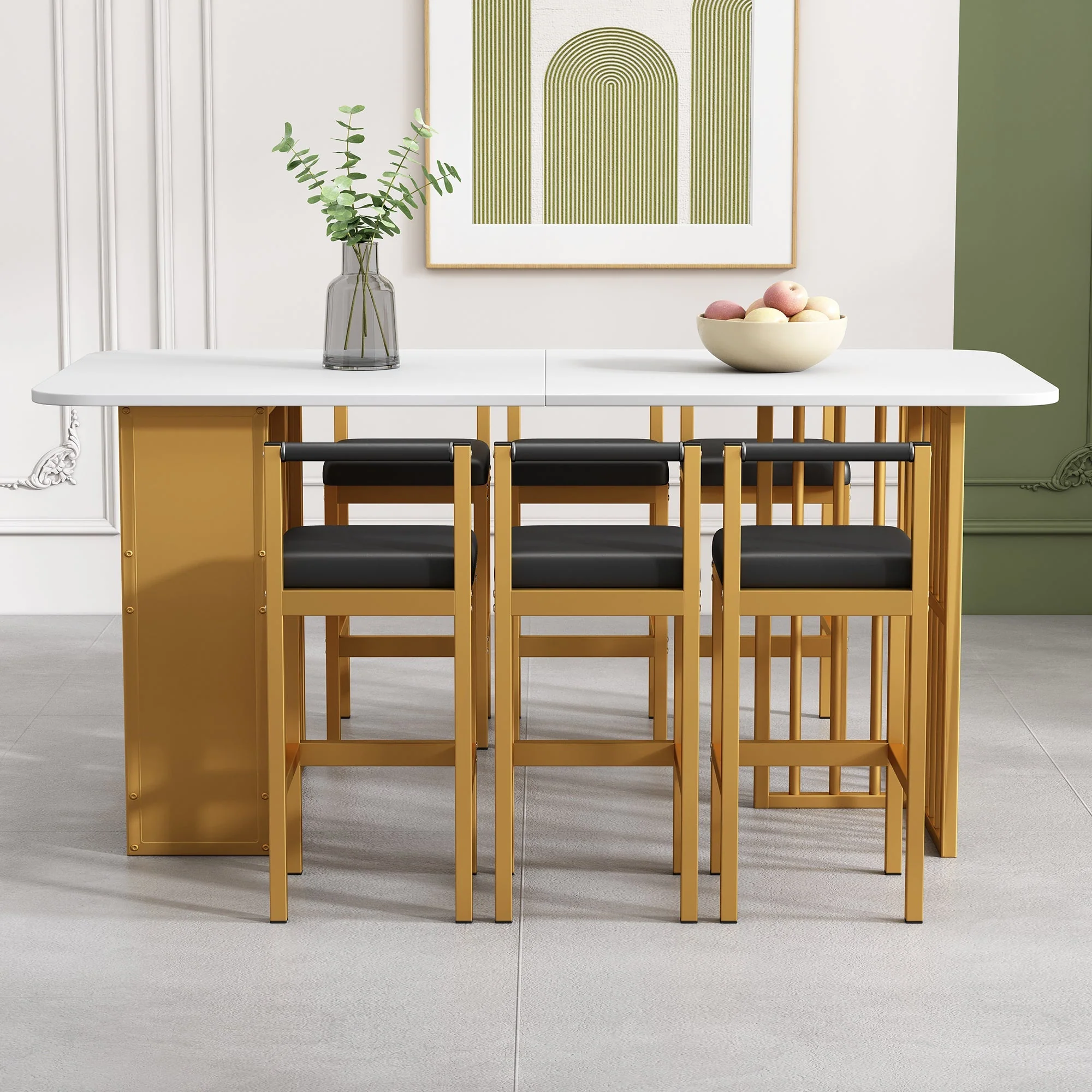 Dining Set with Rectangular Table and 6 Chairs, Steel Frame, White and Gold - Image 3