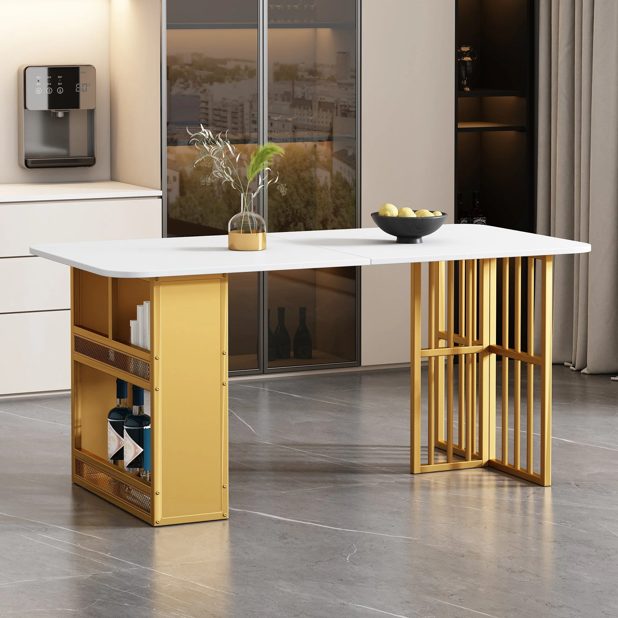 Dining Set with Rectangular Table and 6 Chairs, Steel Frame, White and Gold - Image 4