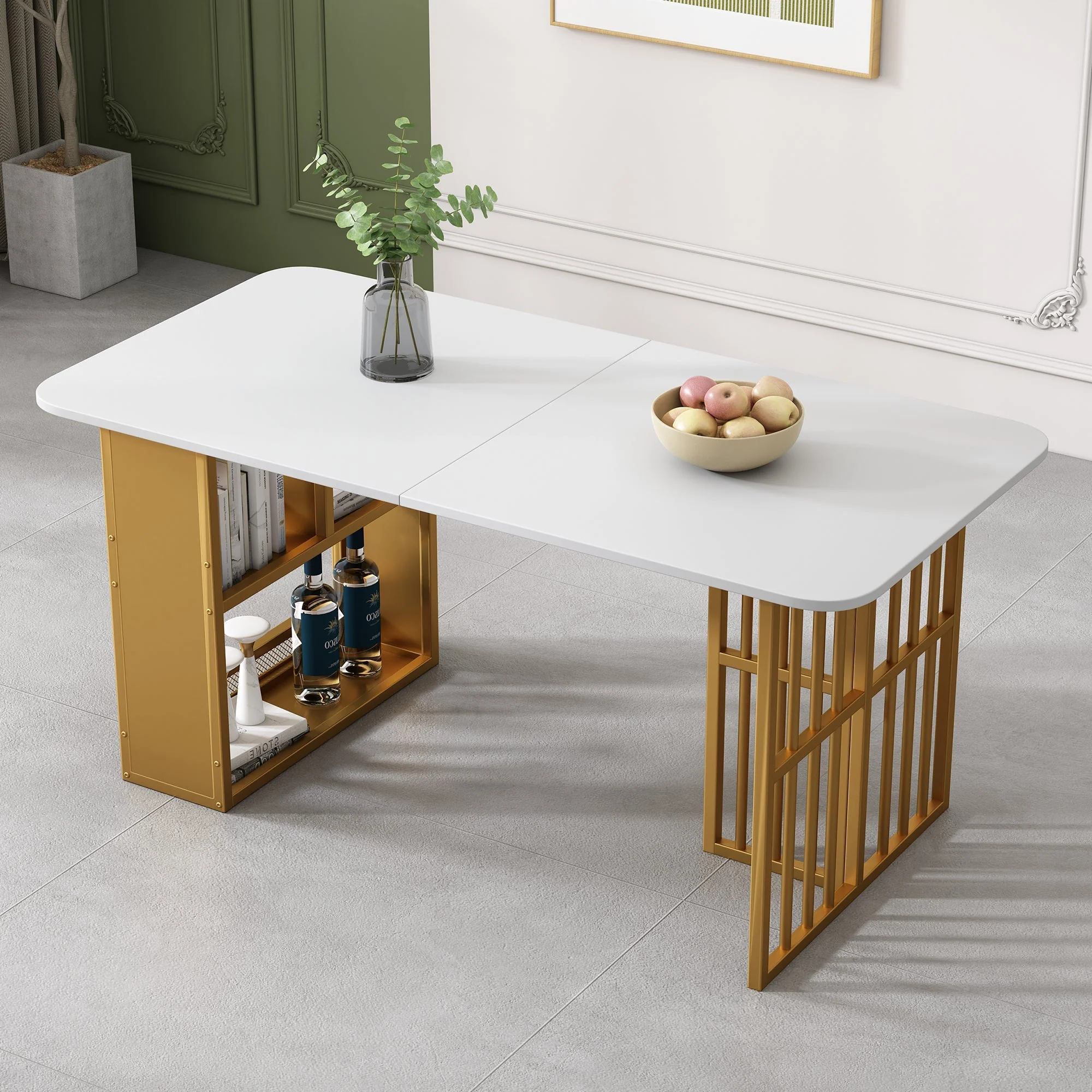Dining Set with Rectangular Table and 6 Chairs, Steel Frame, White and Gold - Image 5