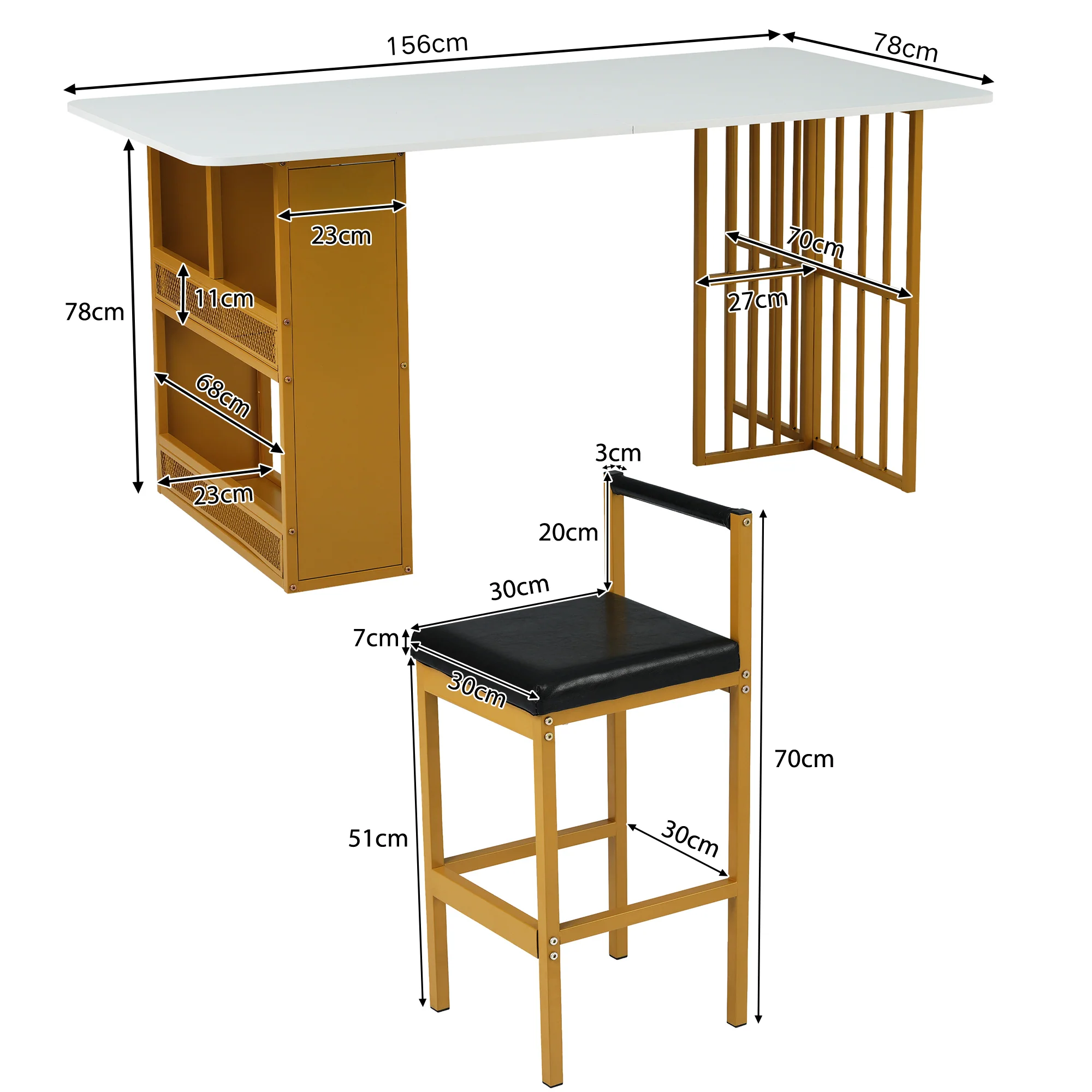 Dining Set with Rectangular Table and 6 Chairs, Steel Frame, White and Gold - Image 6