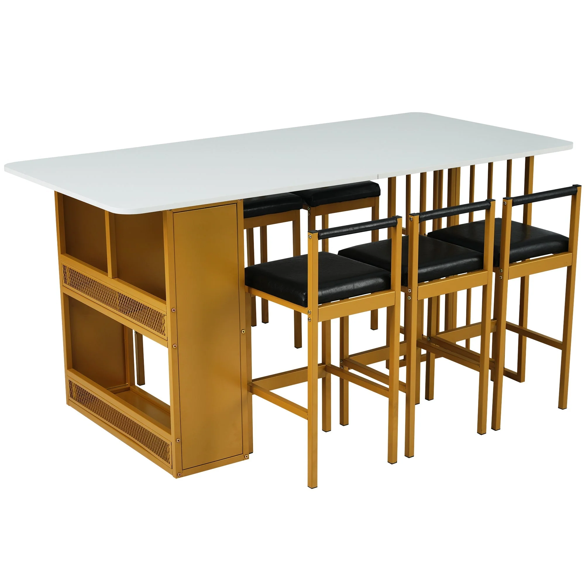 Dining Set with Rectangular Table and 6 Chairs, Steel Frame, White and Gold - Image 7