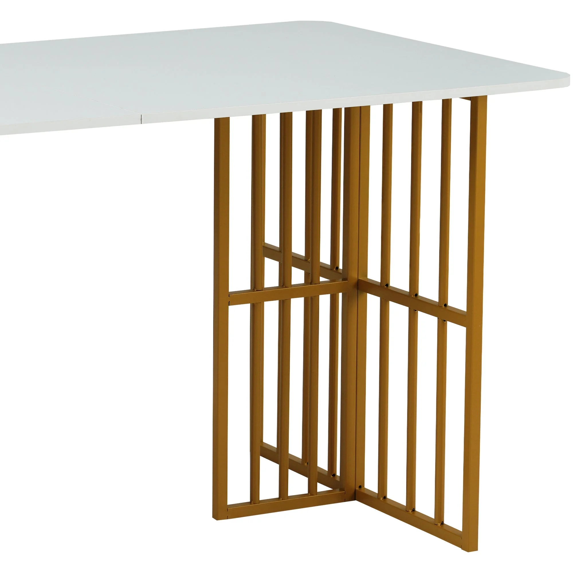 Dining Set with Rectangular Table and 6 Chairs, Steel Frame, White and Gold - Image 9