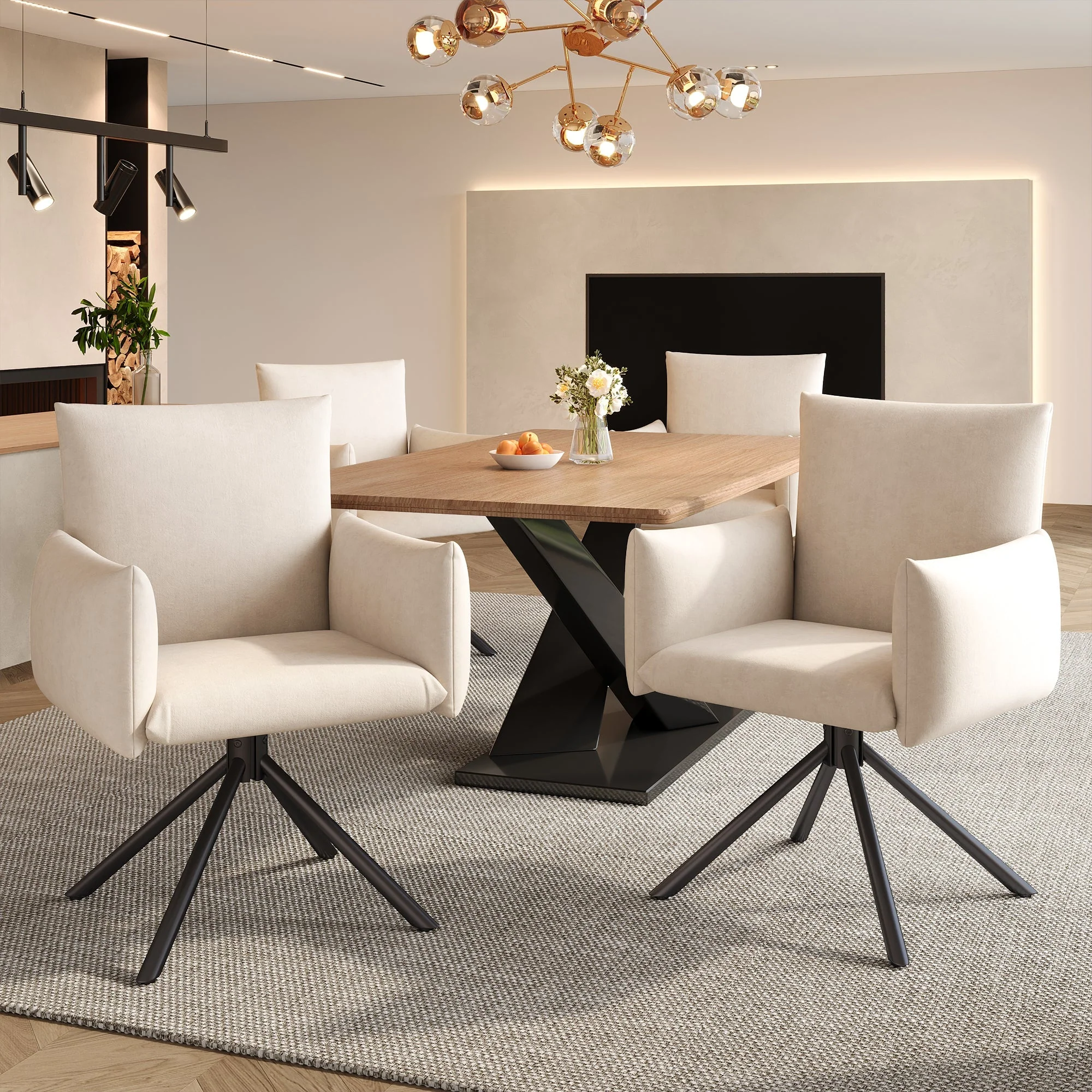 Dining Swivel Armchair Set of 6, Upholstered 360° Metal Legs Lumbar Support - Velvet Beige - Image 5