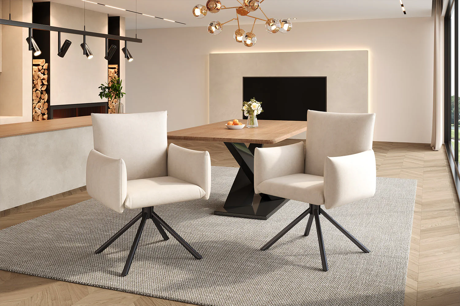 Dining Swivel Armchair Set of 6, Upholstered 360° Metal Legs Lumbar Support - Velvet Beige - Image 7